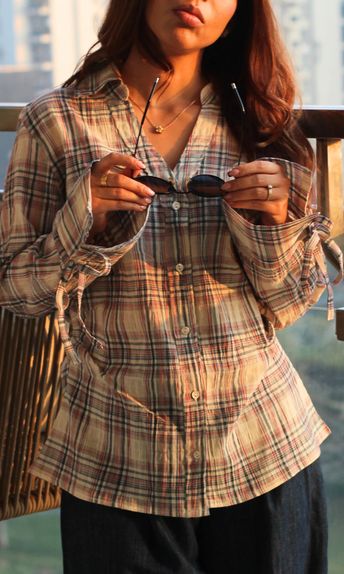 Blue-Blush Check String Detail Cotton Shirt
