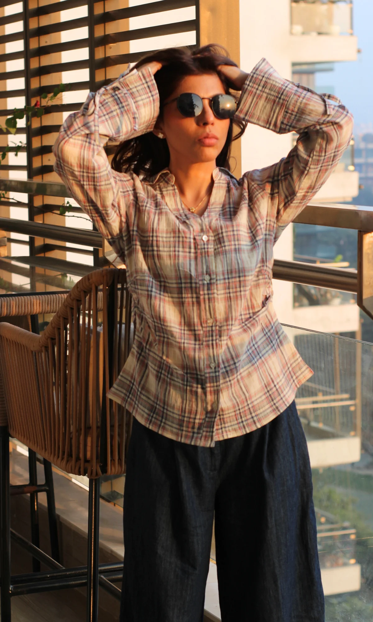 Blue-Blush Check String Detail Cotton Shirt - Image 2