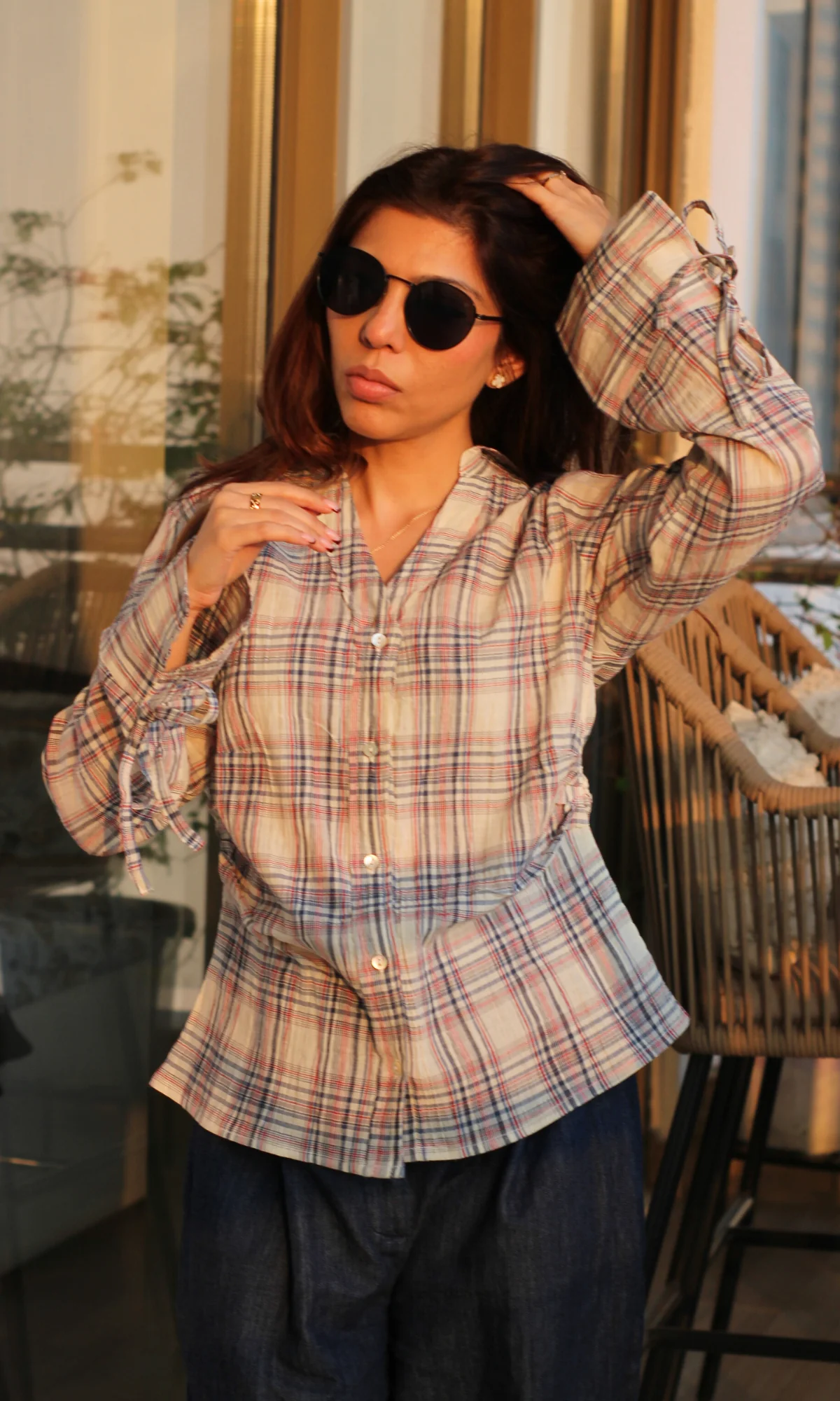 Blue-Blush Check String Detail Cotton Shirt - Image 5