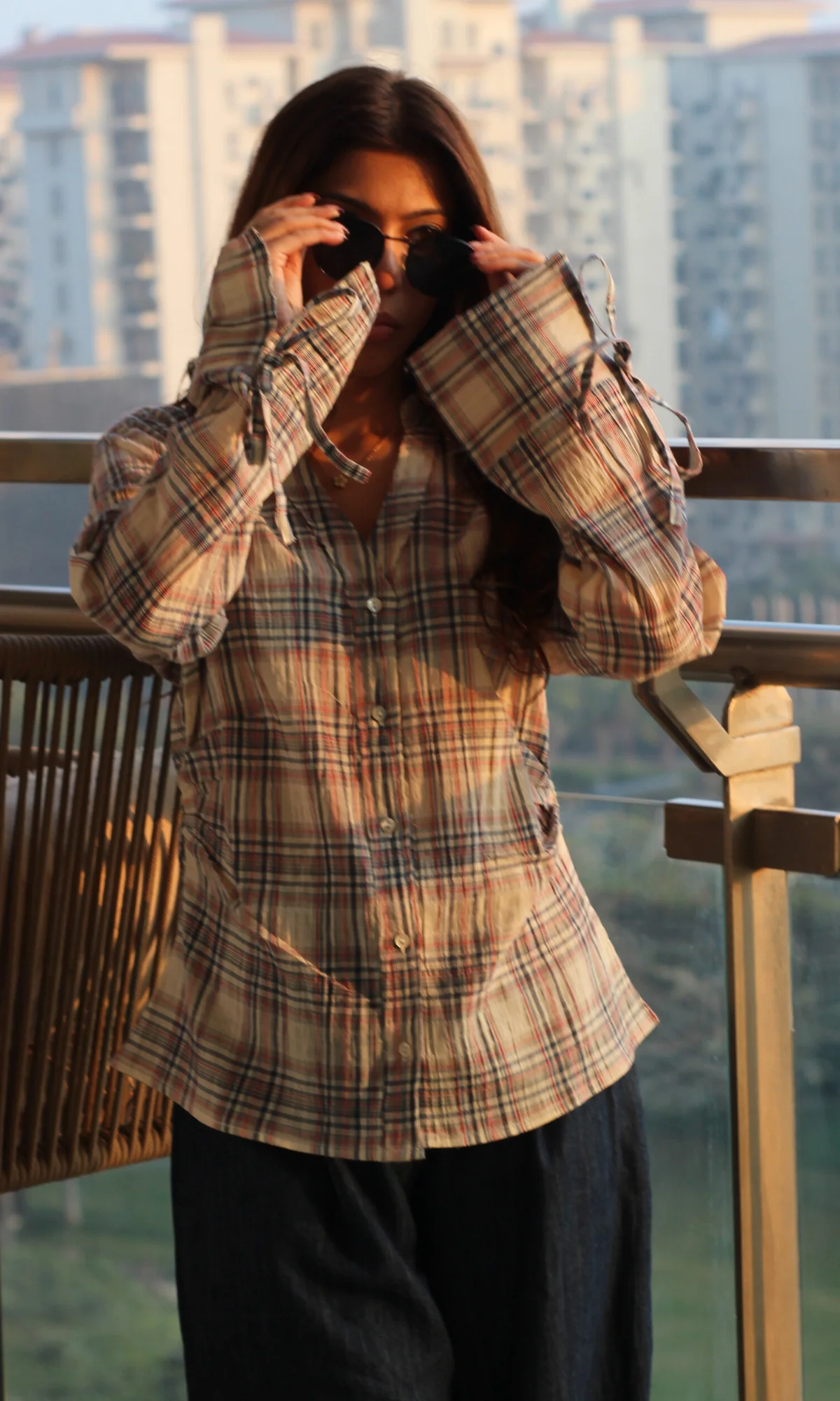 Blue-Blush Check String Detail Cotton Shirt - Image 6
