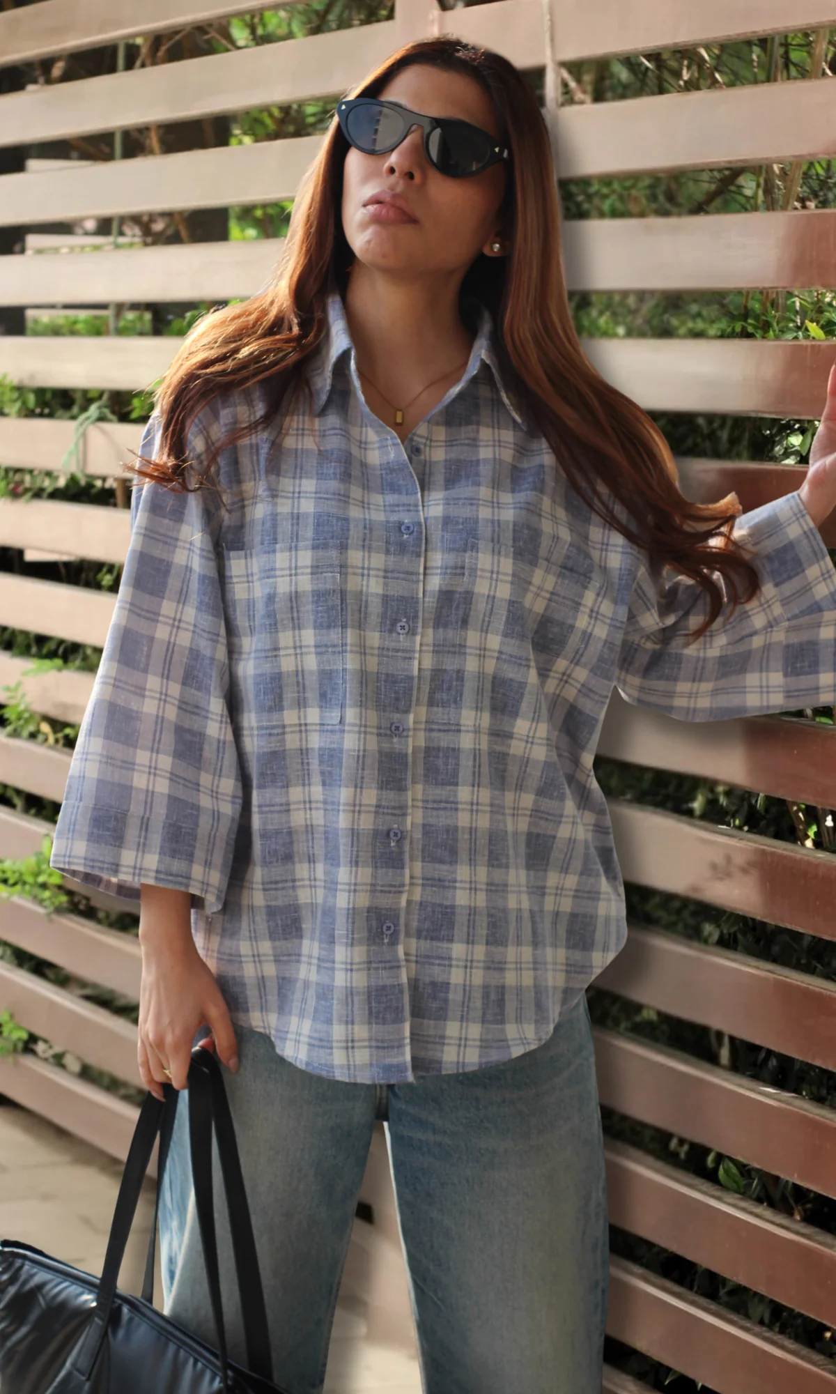 Blue Checked Flared Sleeve Shirt - Image 2