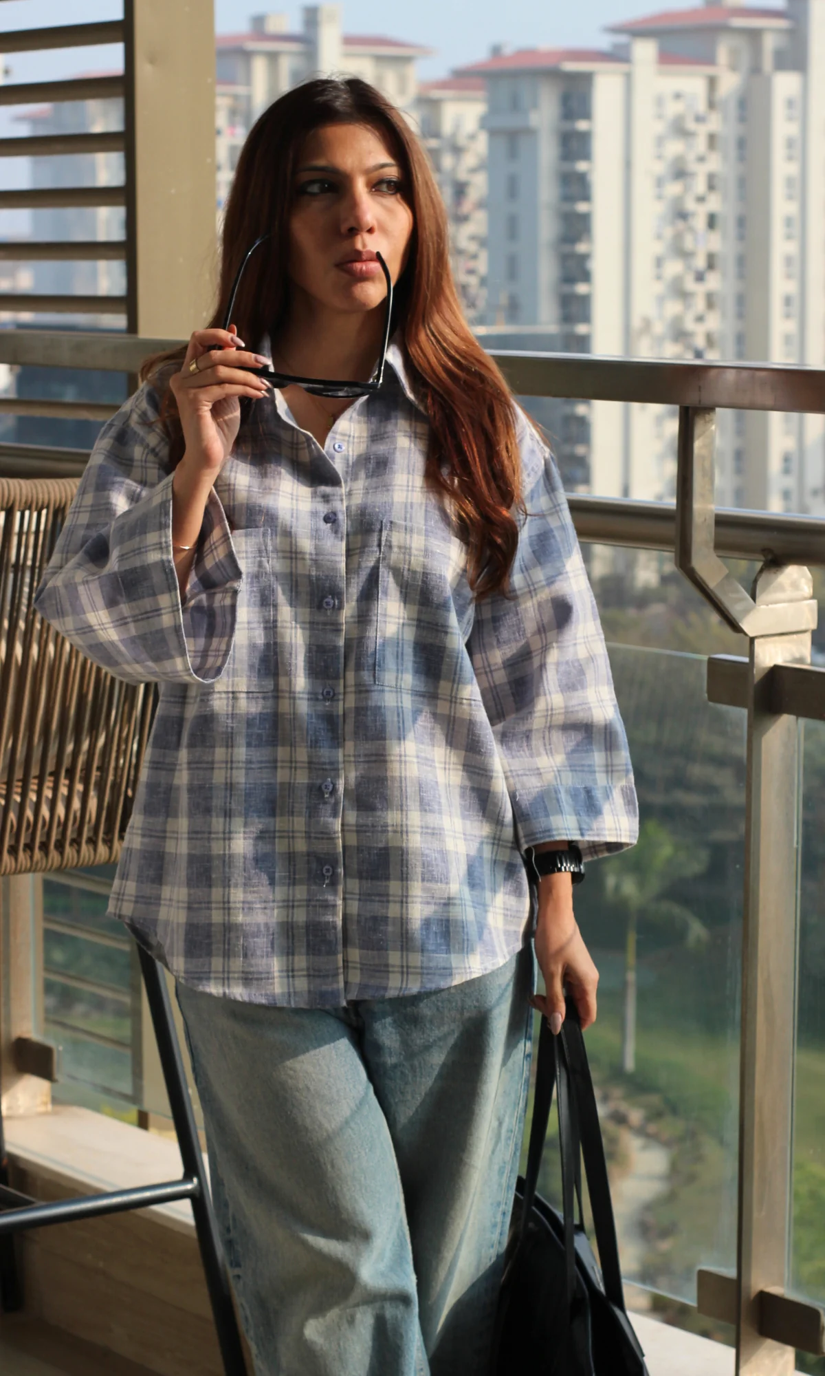 Blue Checked Flared Sleeve Shirt - Image 4