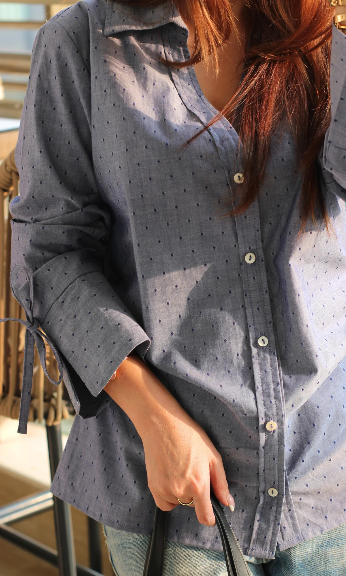 Blue Dobby String Detail Cotton Shirt