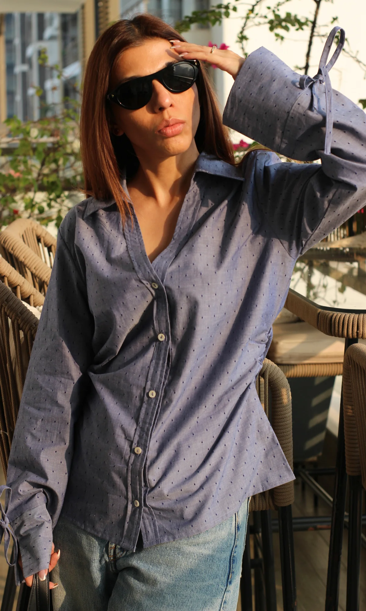 Blue Dobby String Detail Cotton Shirt - Image 6