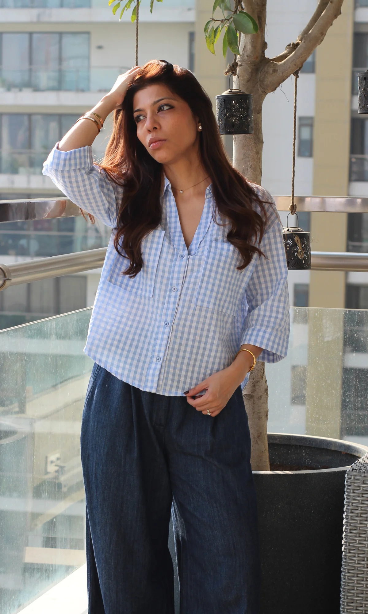 Blue Gingham Check Cropped Shirt - Image 2