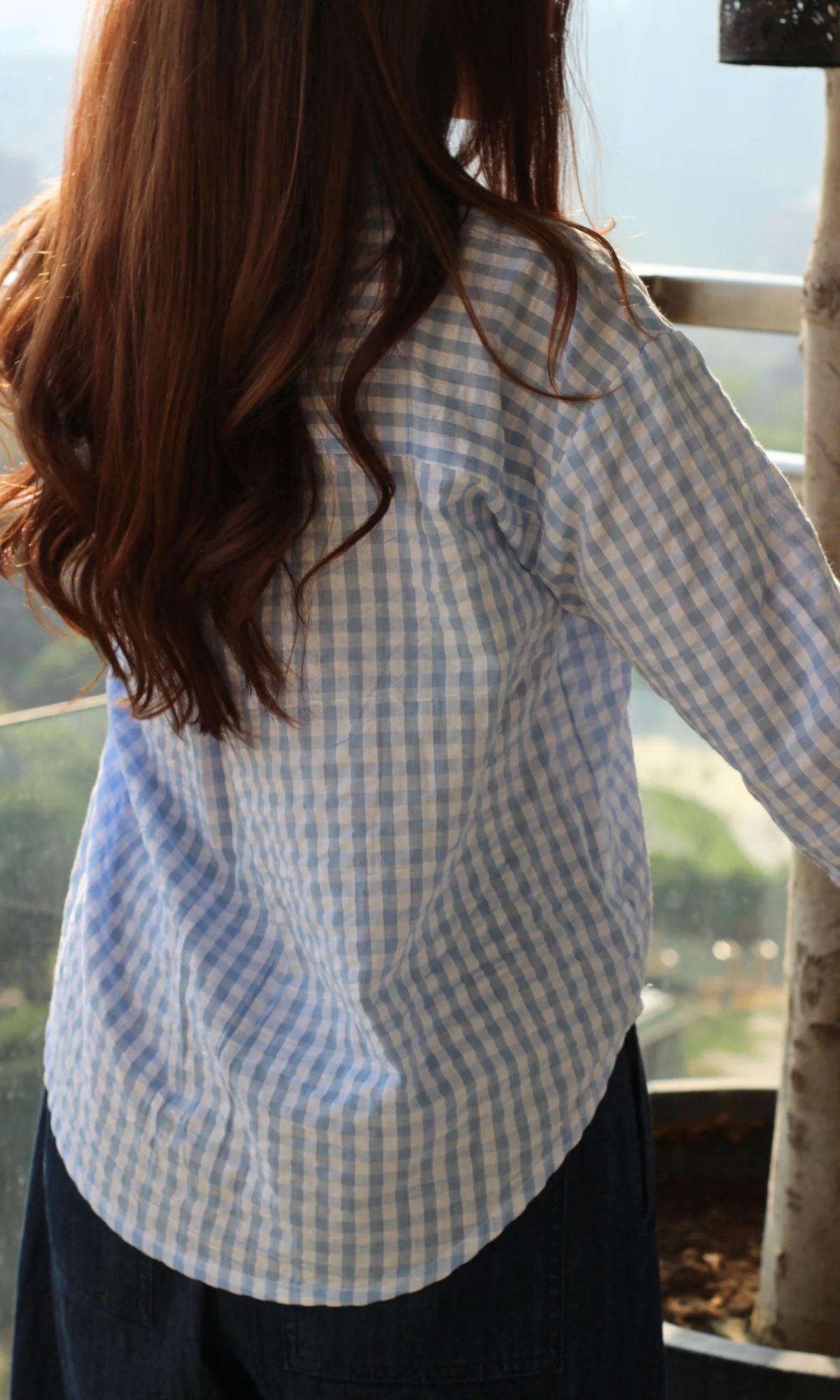 Blue Gingham Check Cropped Shirt - Image 3