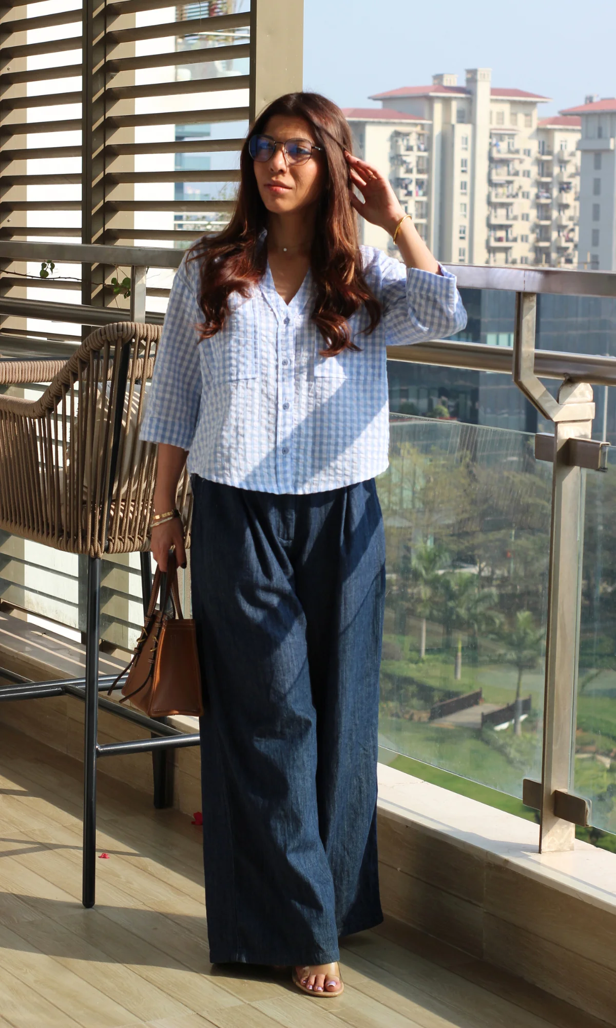 Blue Gingham Check Cropped Shirt - Image 4