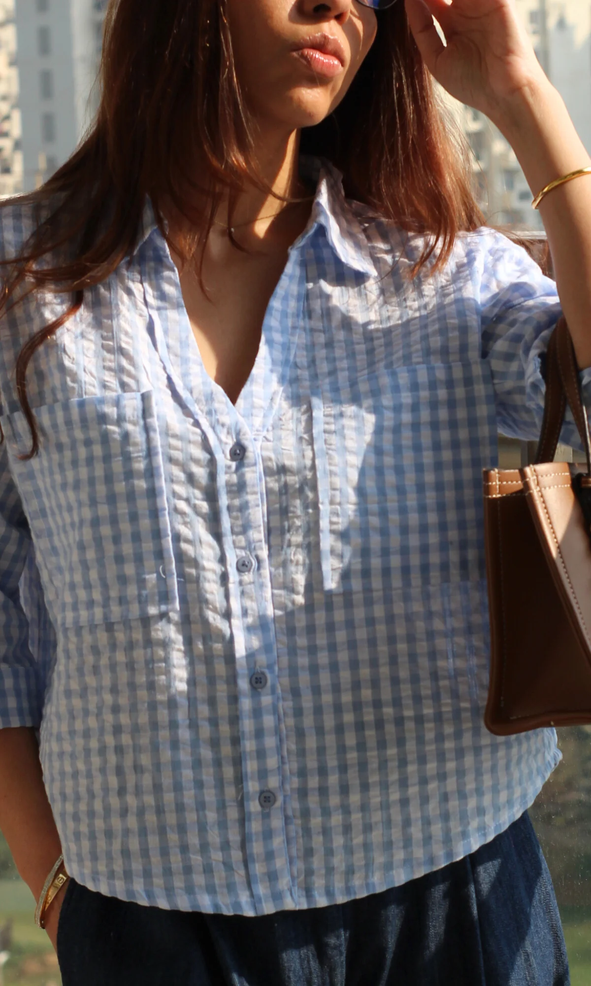 Blue Gingham Check Cropped Shirt - Image 5
