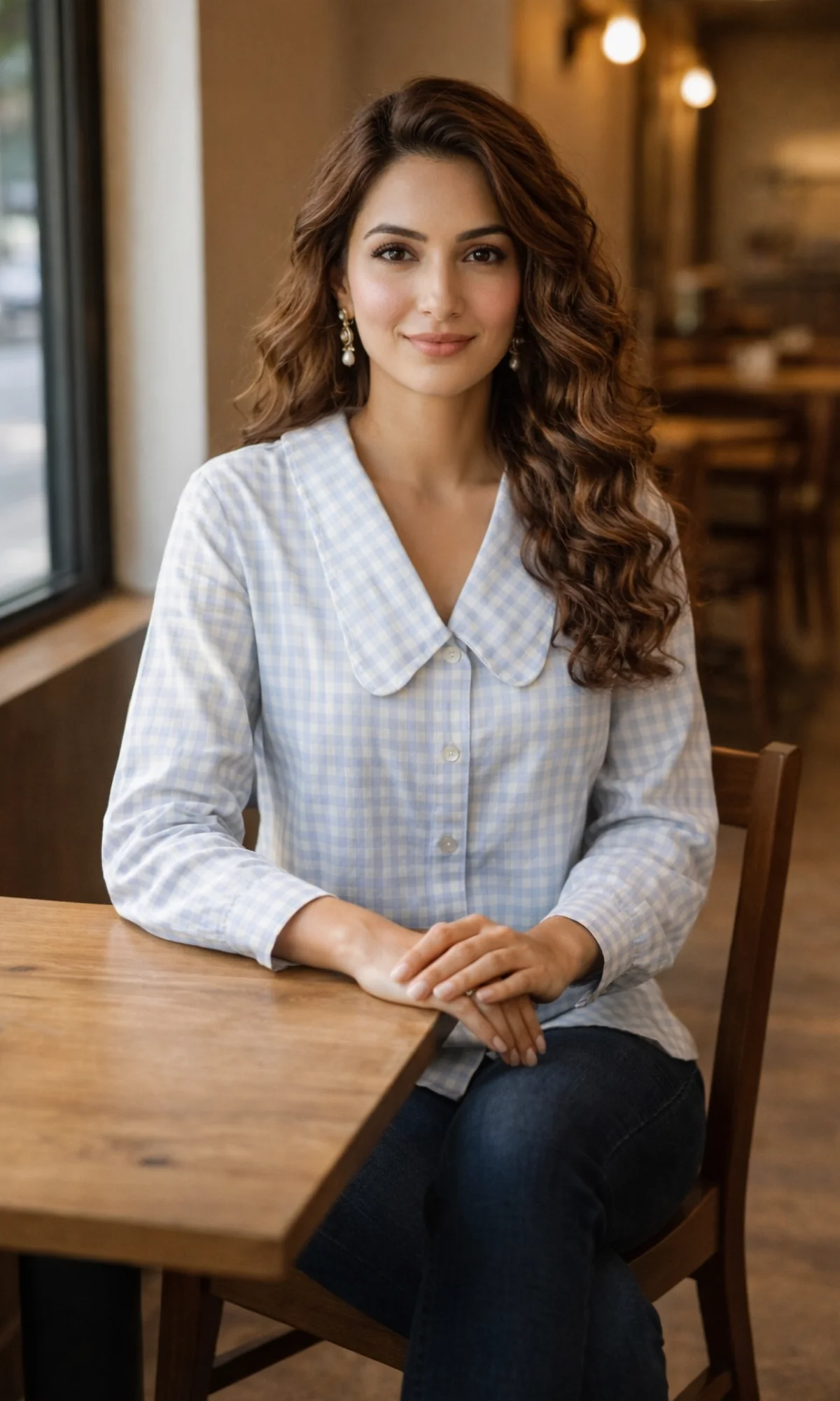 Blue Gingham-Check Peter Pan Collared Shirt - Image 2