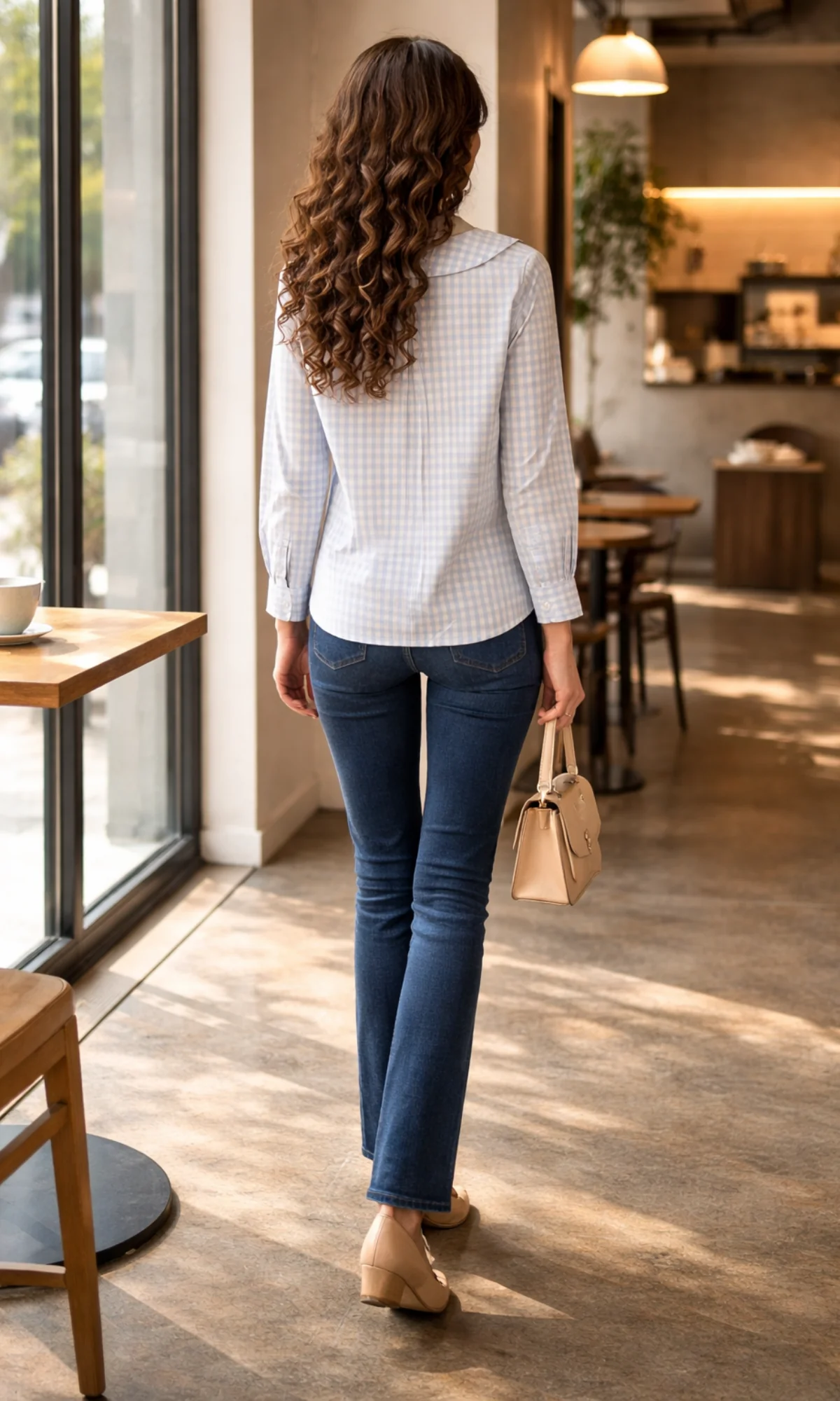 Blue Gingham-Check Peter Pan Collared Shirt - Image 3