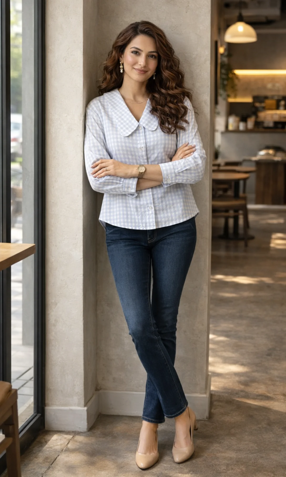 Blue Gingham-Check Peter Pan Collared Shirt - Image 4