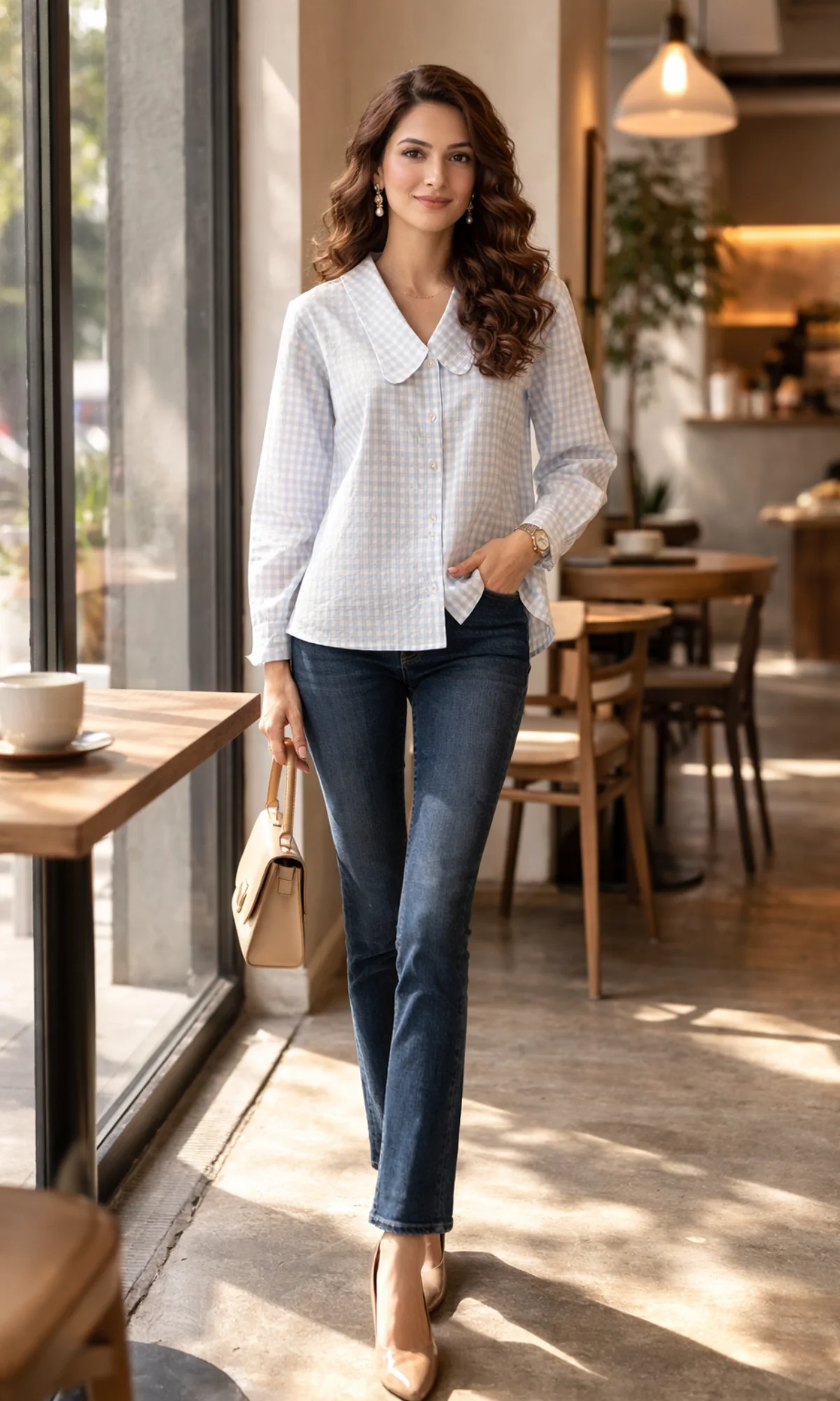 Blue Gingham-Check Peter Pan Collared Shirt - Image 5