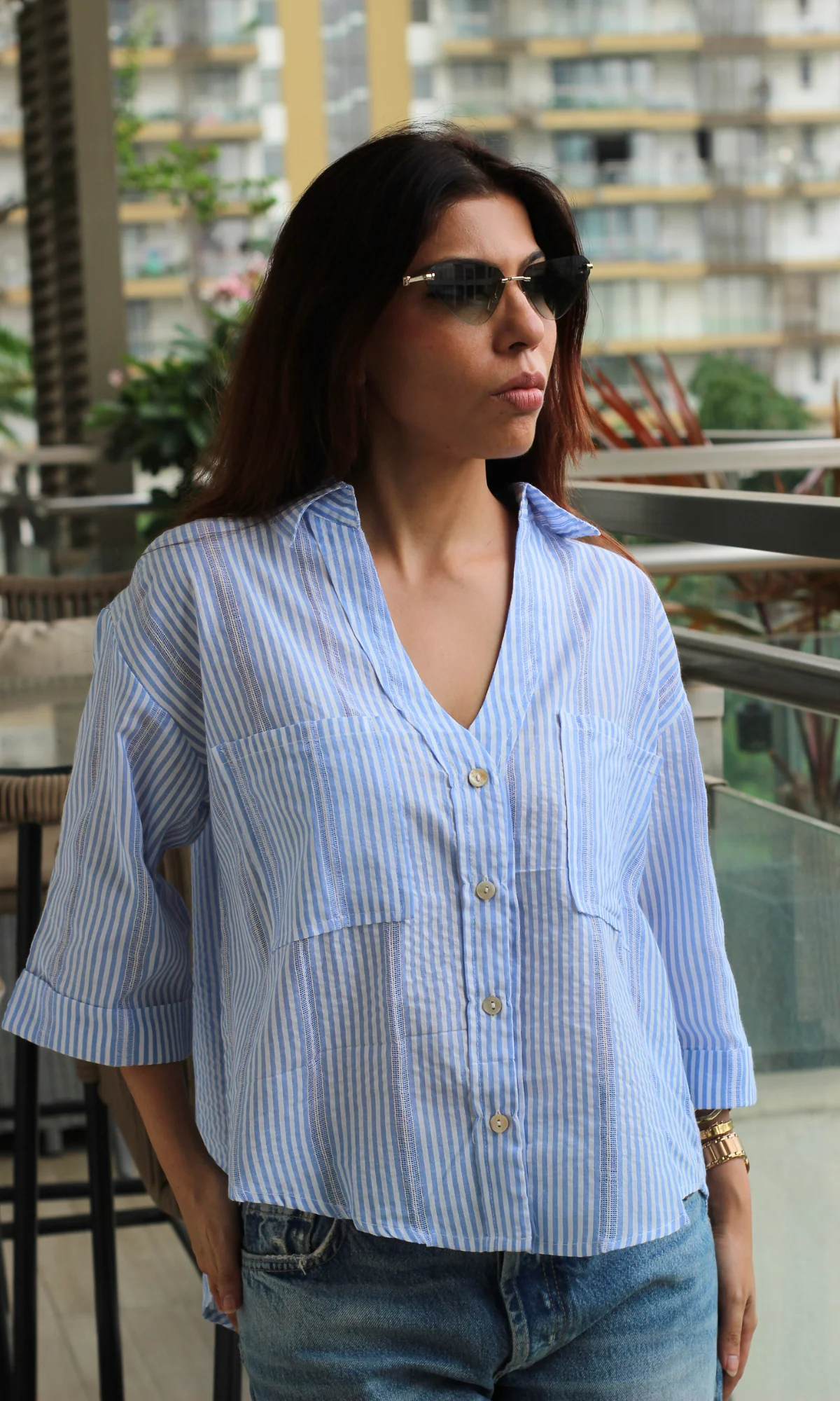 Blue Striped Cotton Cropped Shirt - Image 3