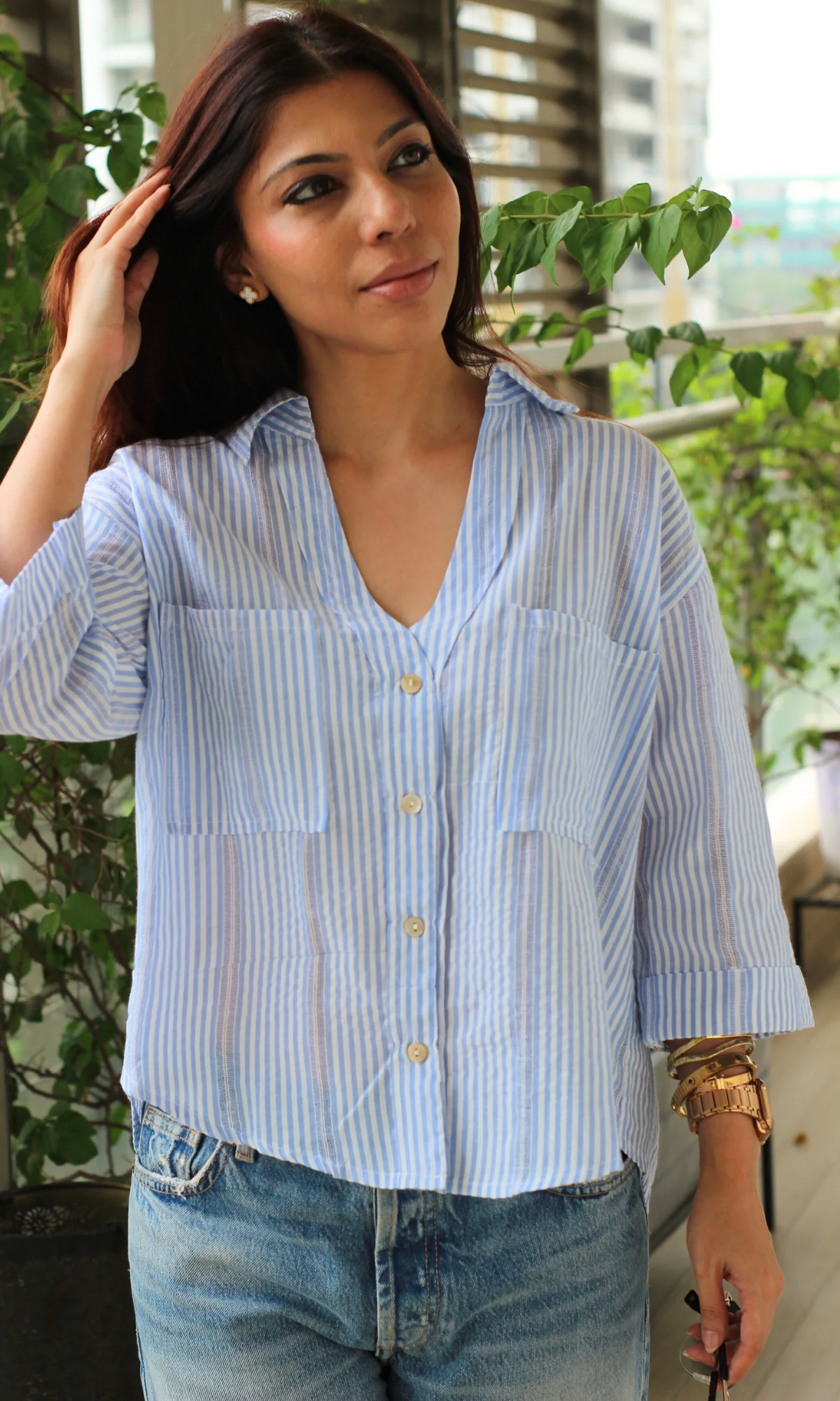 Blue Striped Cotton Cropped Shirt - Image 4