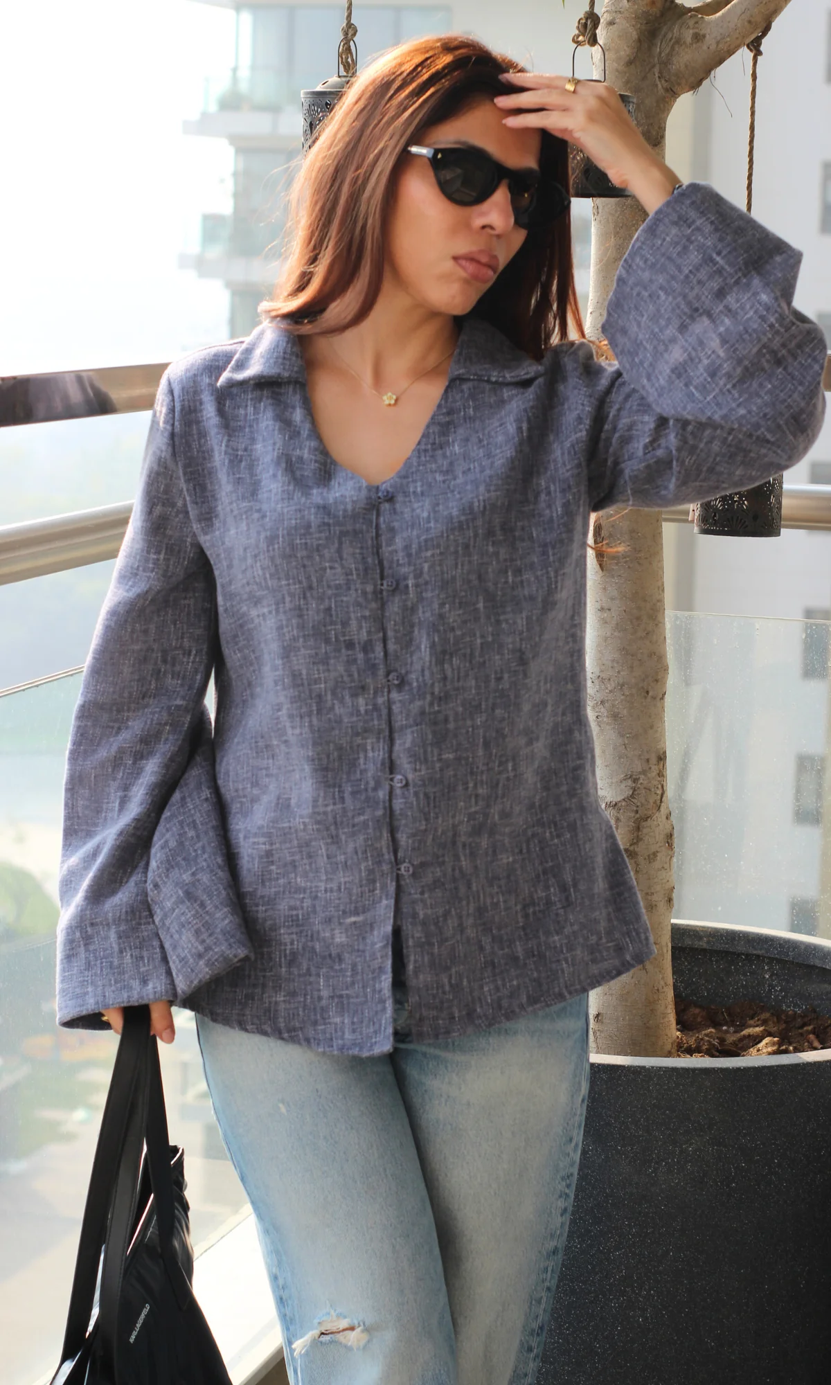 Blue-Charcoal Textured Flared Sleeve Shirt - Image 3