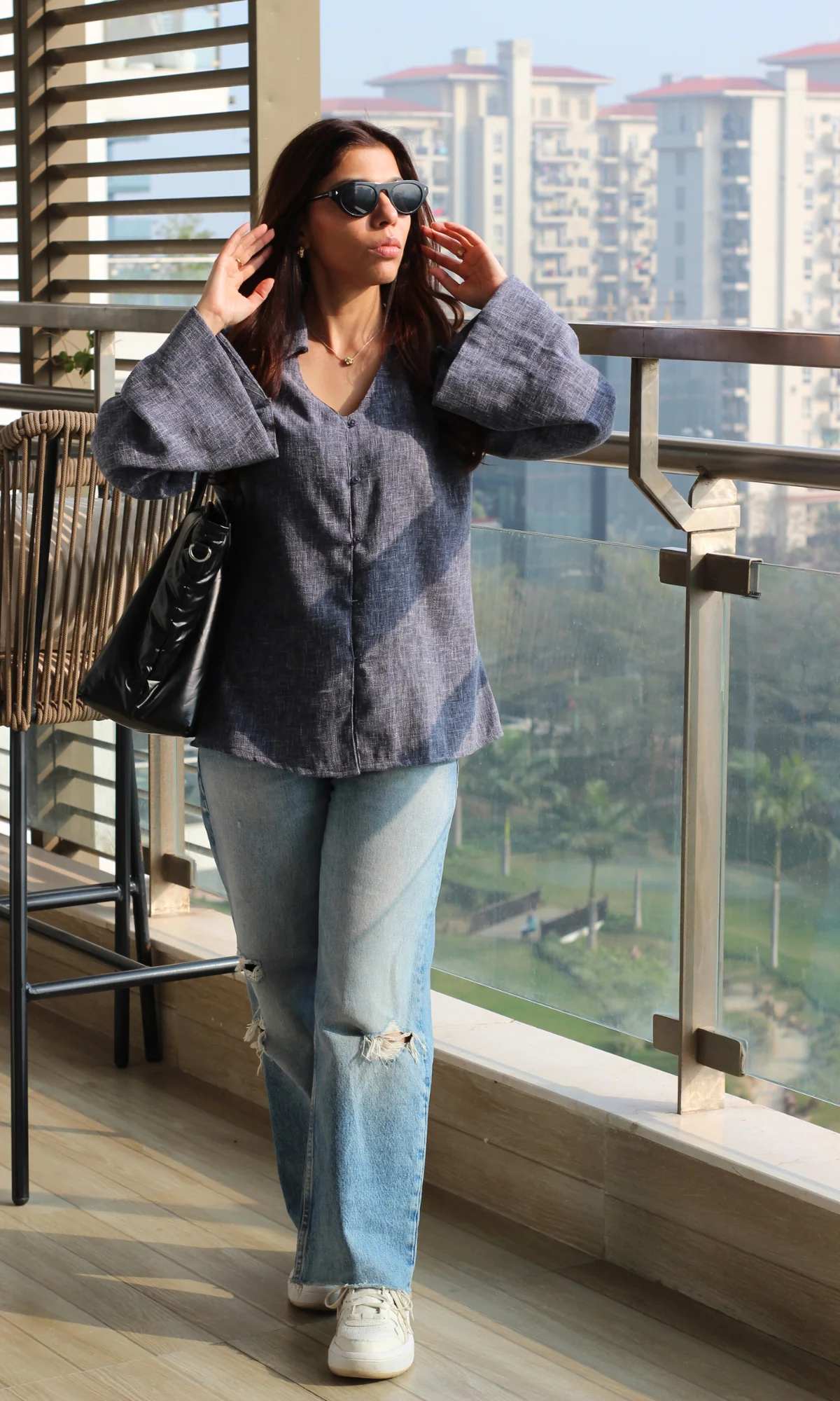 Blue-Charcoal Textured Flared Sleeve Shirt - Image 4