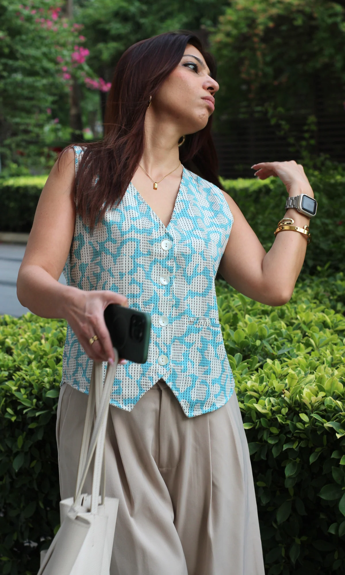 Blue Thread Detail Print Waist Coat - Image 2