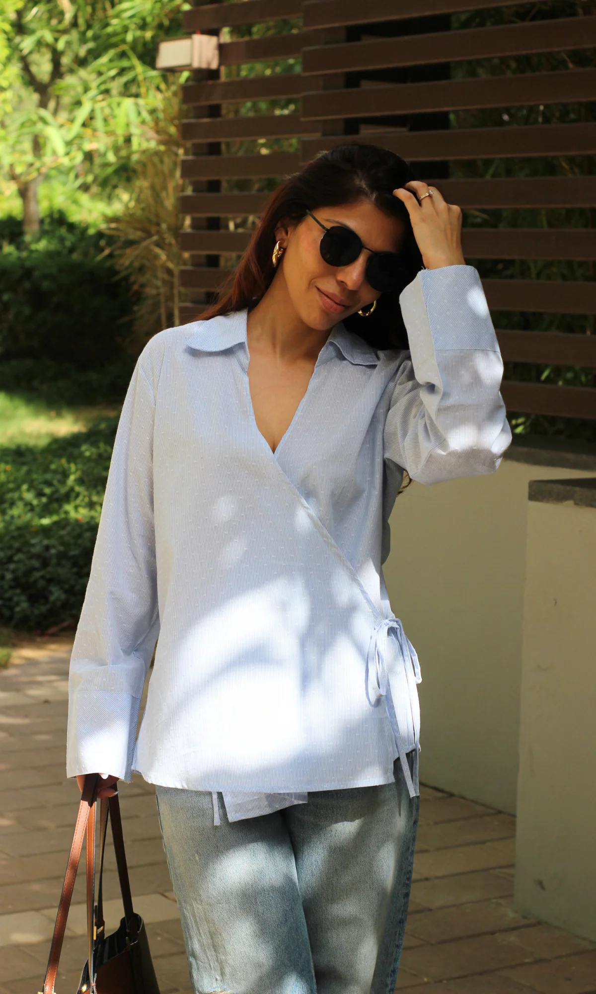 Blue-White Dobby Collared Cotton Kimono Top - Image 3