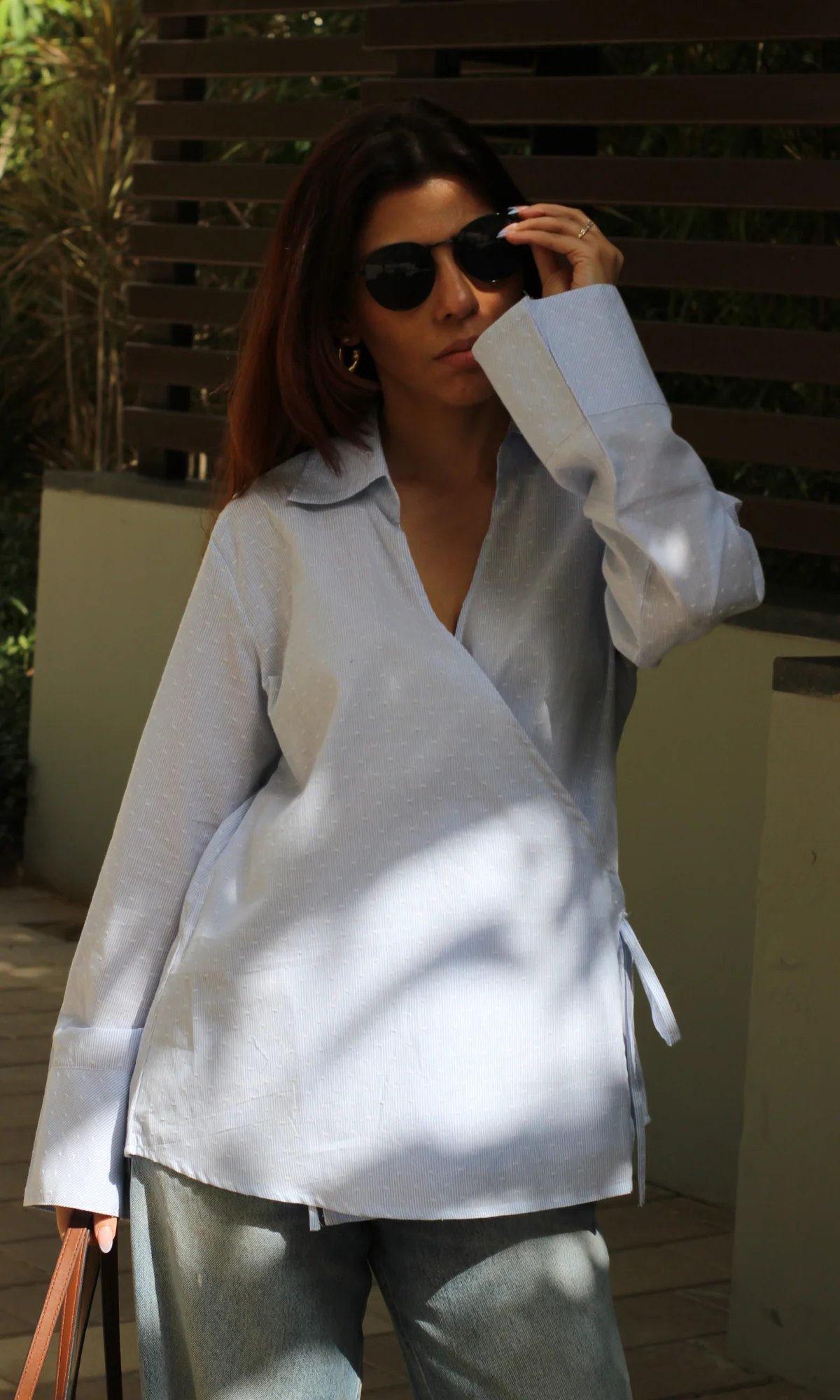 Blue-White Dobby Collared Cotton Kimono Top - Image 5