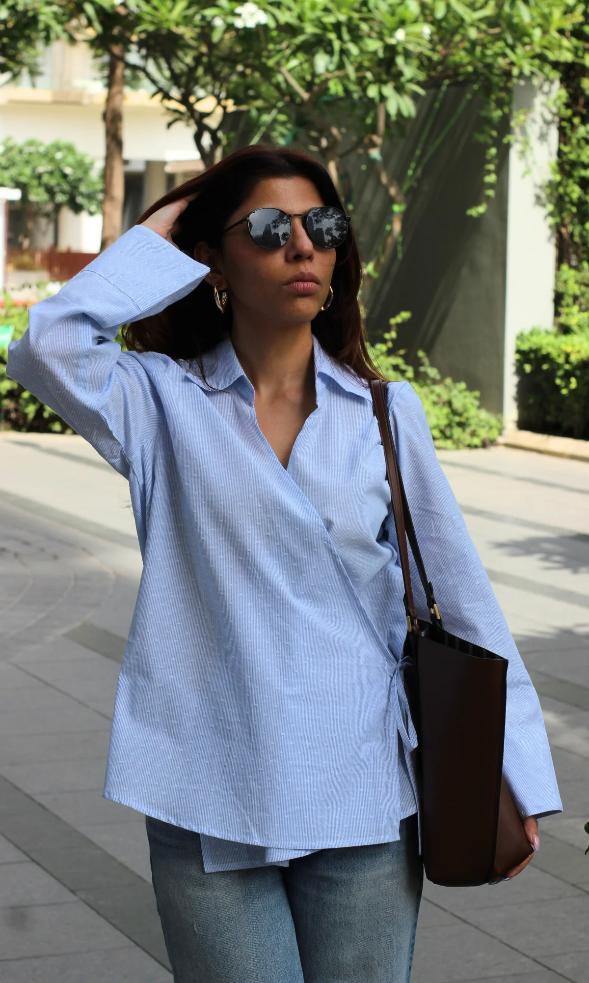 Blue-White Dobby Collared Cotton Kimono Top - Image 6