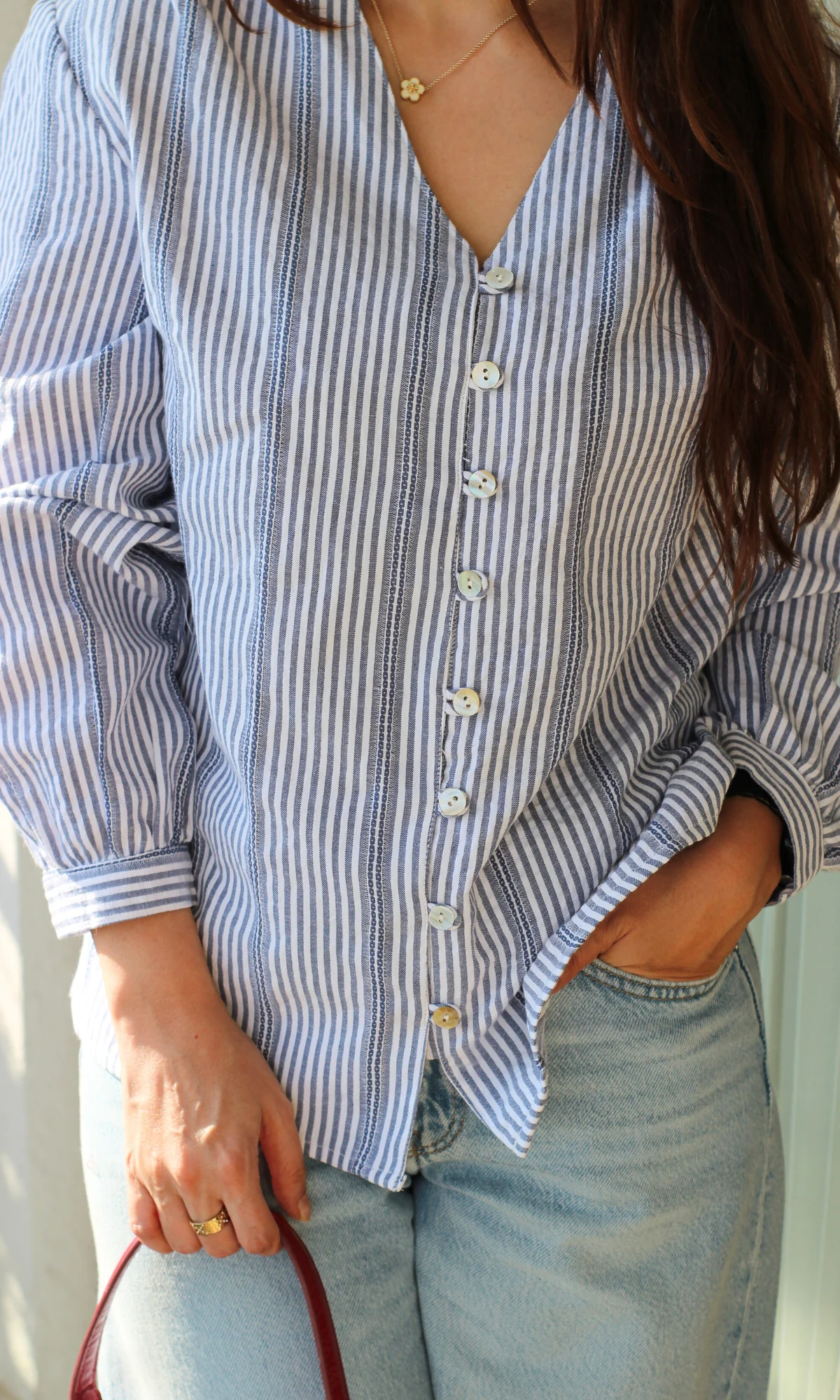 Blue-White Linear Buttoned Top