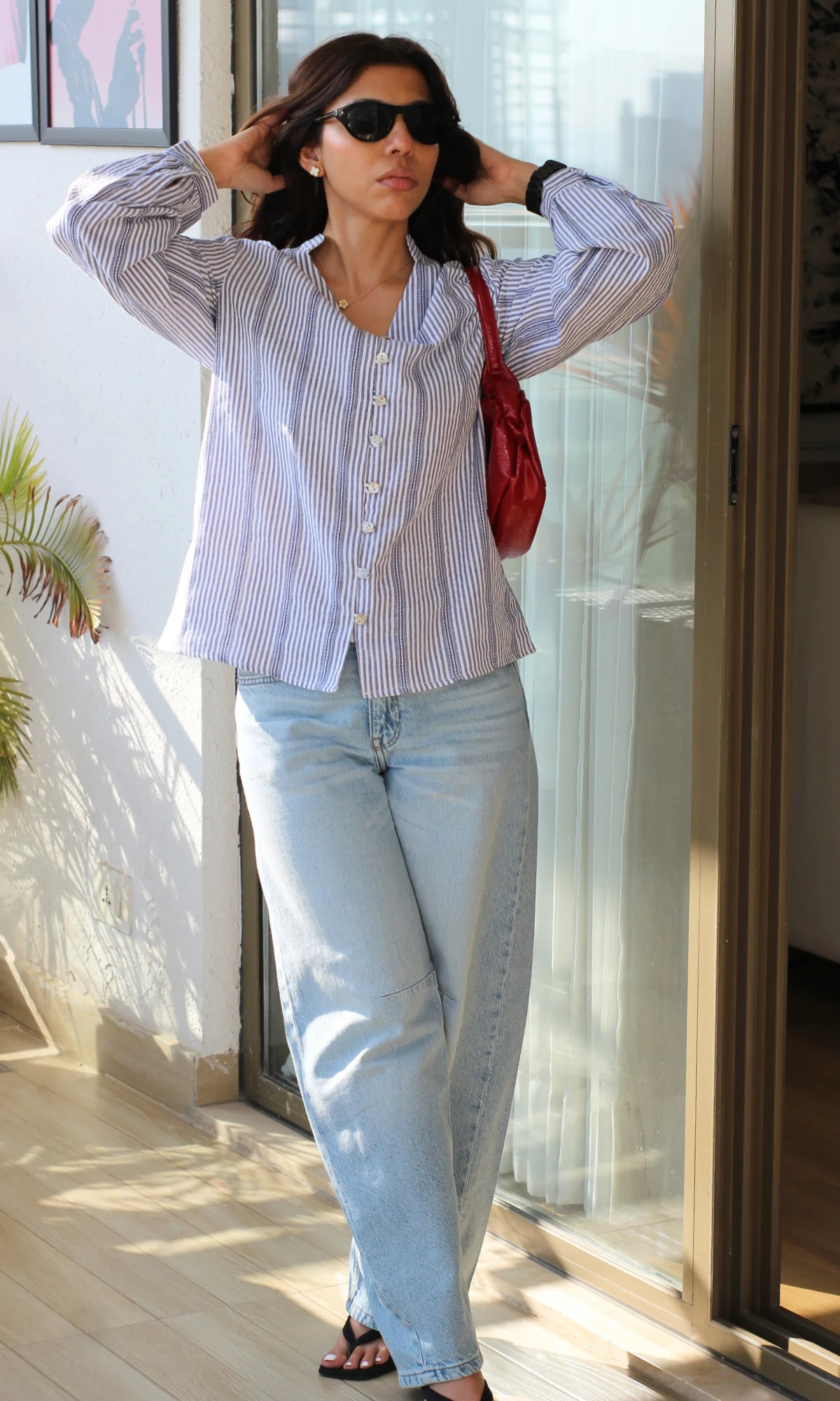 Blue-White Linear Buttoned Top - Image 2