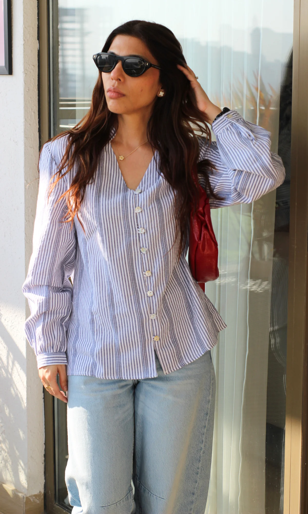 Blue-White Linear Buttoned Top - Image 4