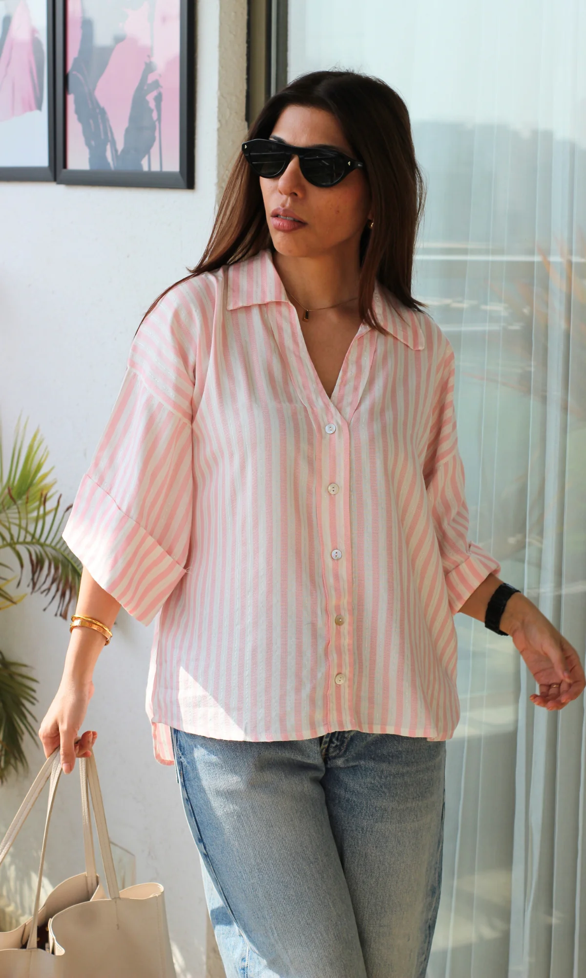 Blush-White Lurex Loose Shirt - Image 2