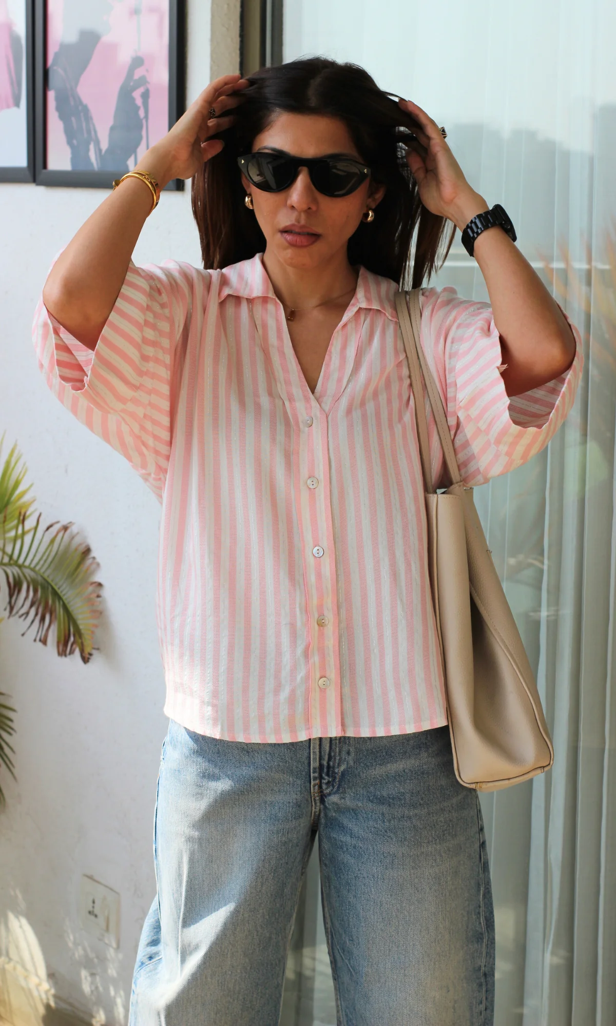 Blush-White Lurex Loose Shirt - Image 5