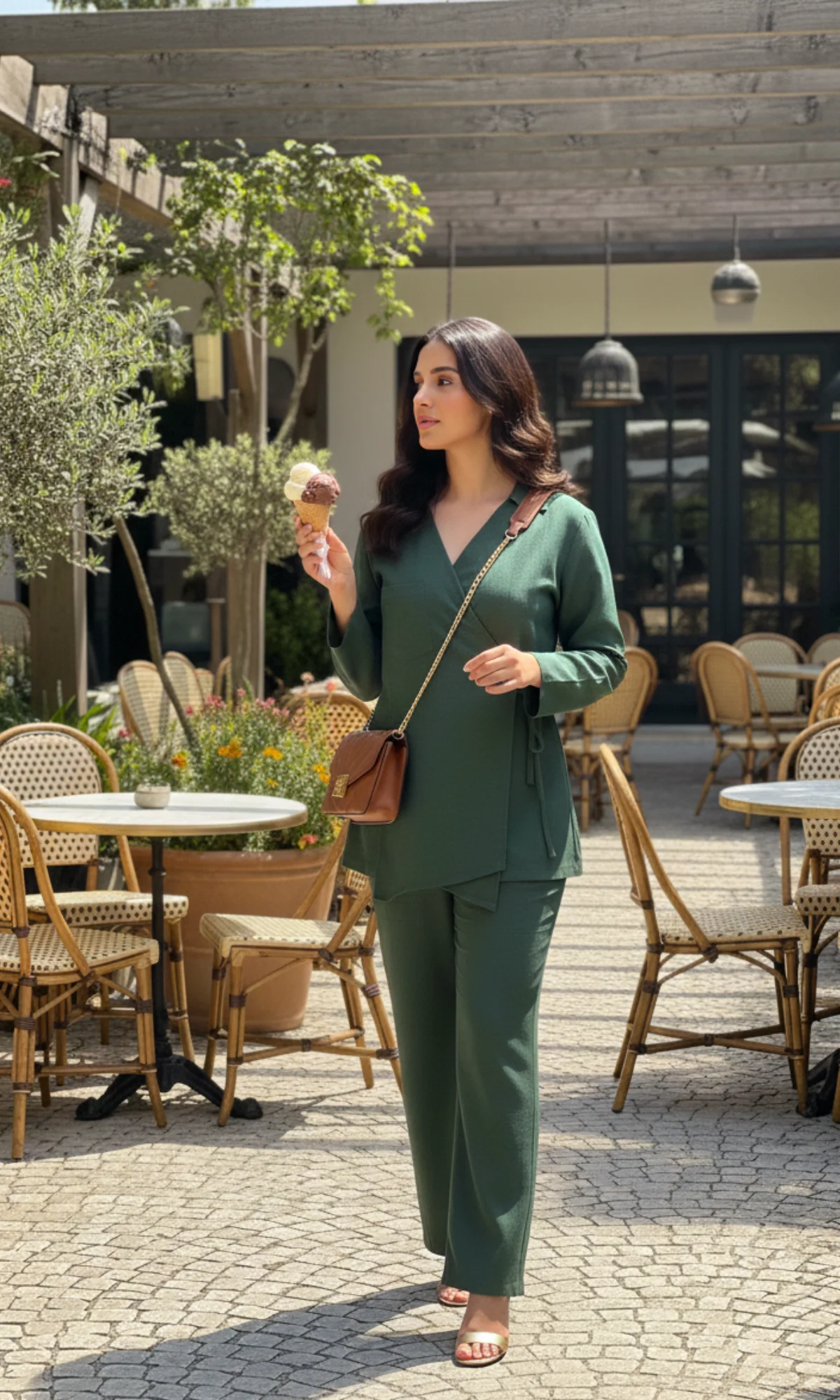 Bottle Green Linen Cuts Detail Kimono Top with Pants
