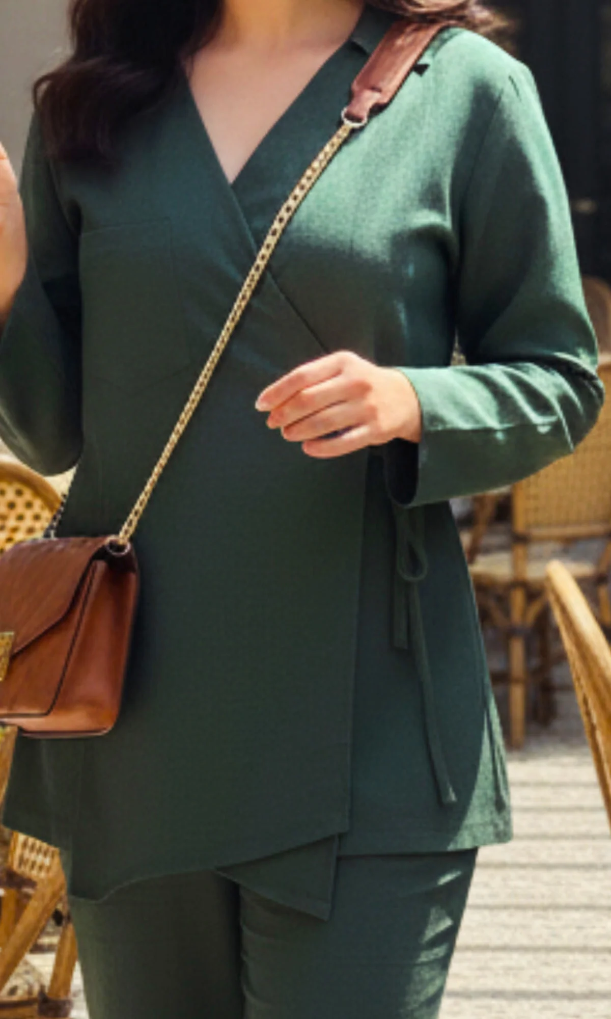 Bottle Green Linen Cuts Detail Kimono Top with Pants - Image 3