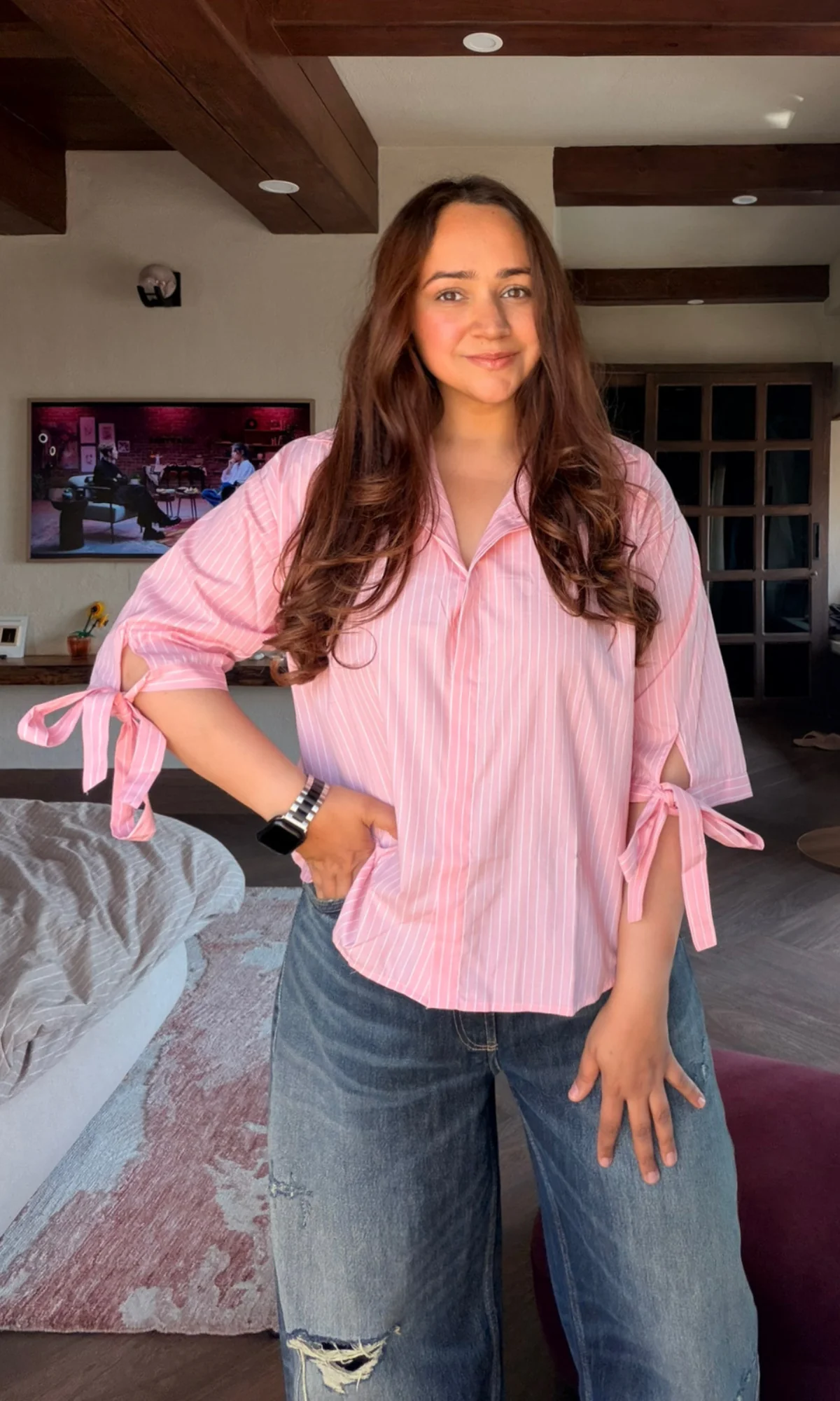 Bow Detail Pink Pinstripe Shirt