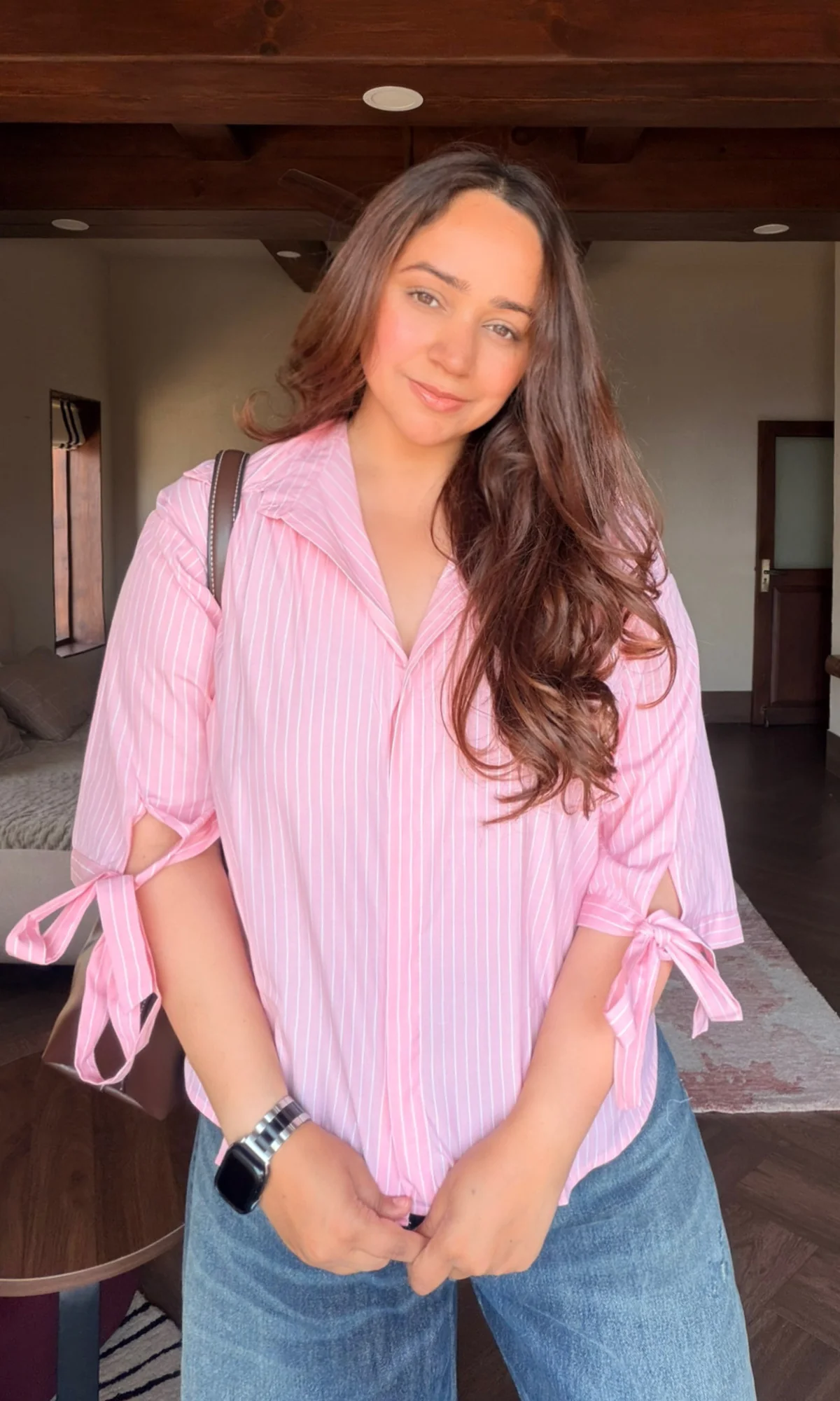 Bow Detail Pink Pinstripe Shirt - Image 2