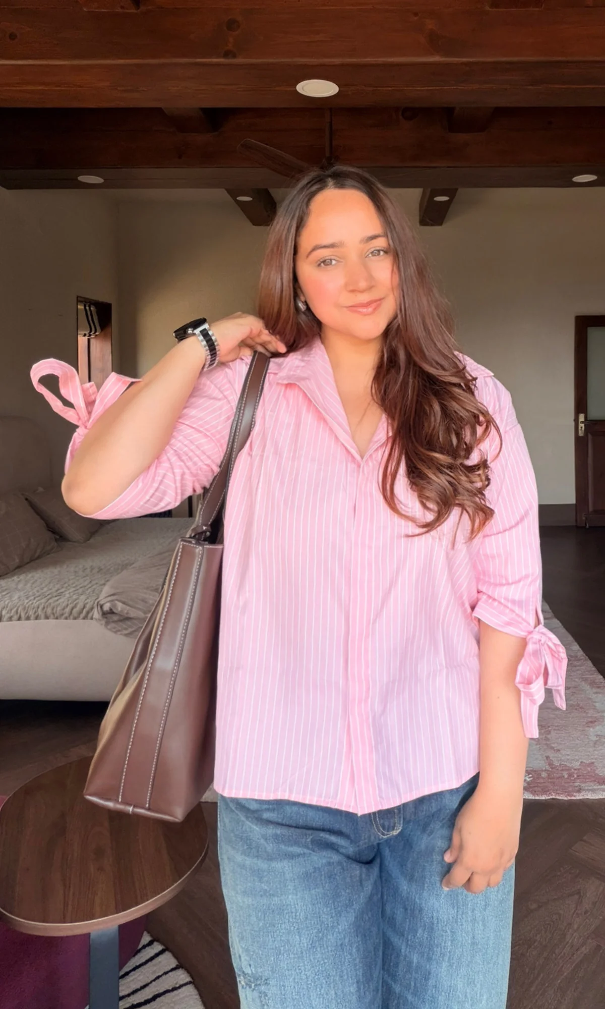 Bow Detail Pink Pinstripe Shirt - Image 3