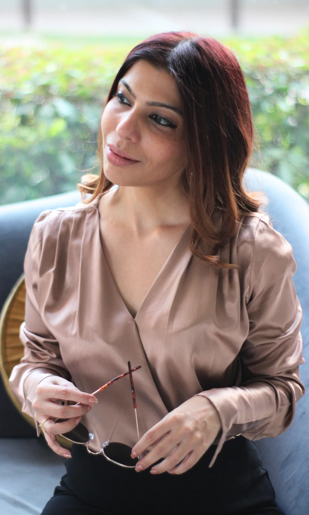 Metallic Bronze V-Neck Pleated Top - Image 2