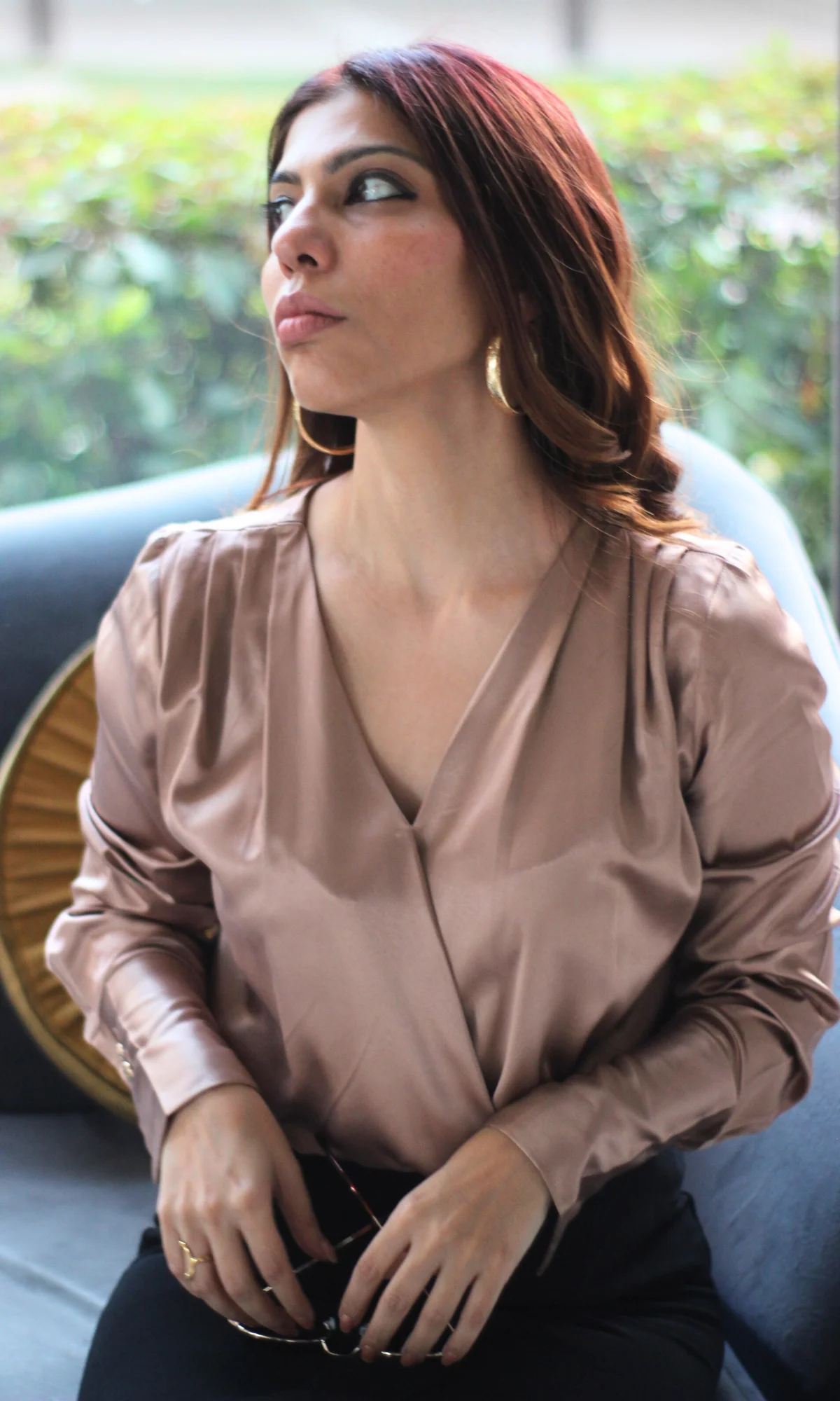 Metallic Bronze V-Neck Pleated Top - Image 3