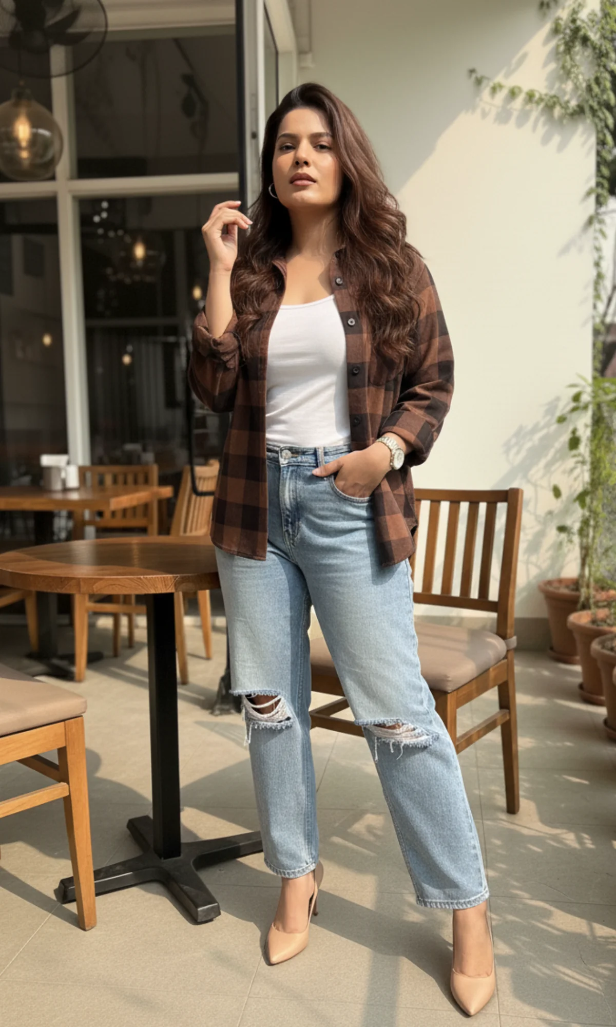 Brown Black Block Plaid Checked Shirt - Image 3