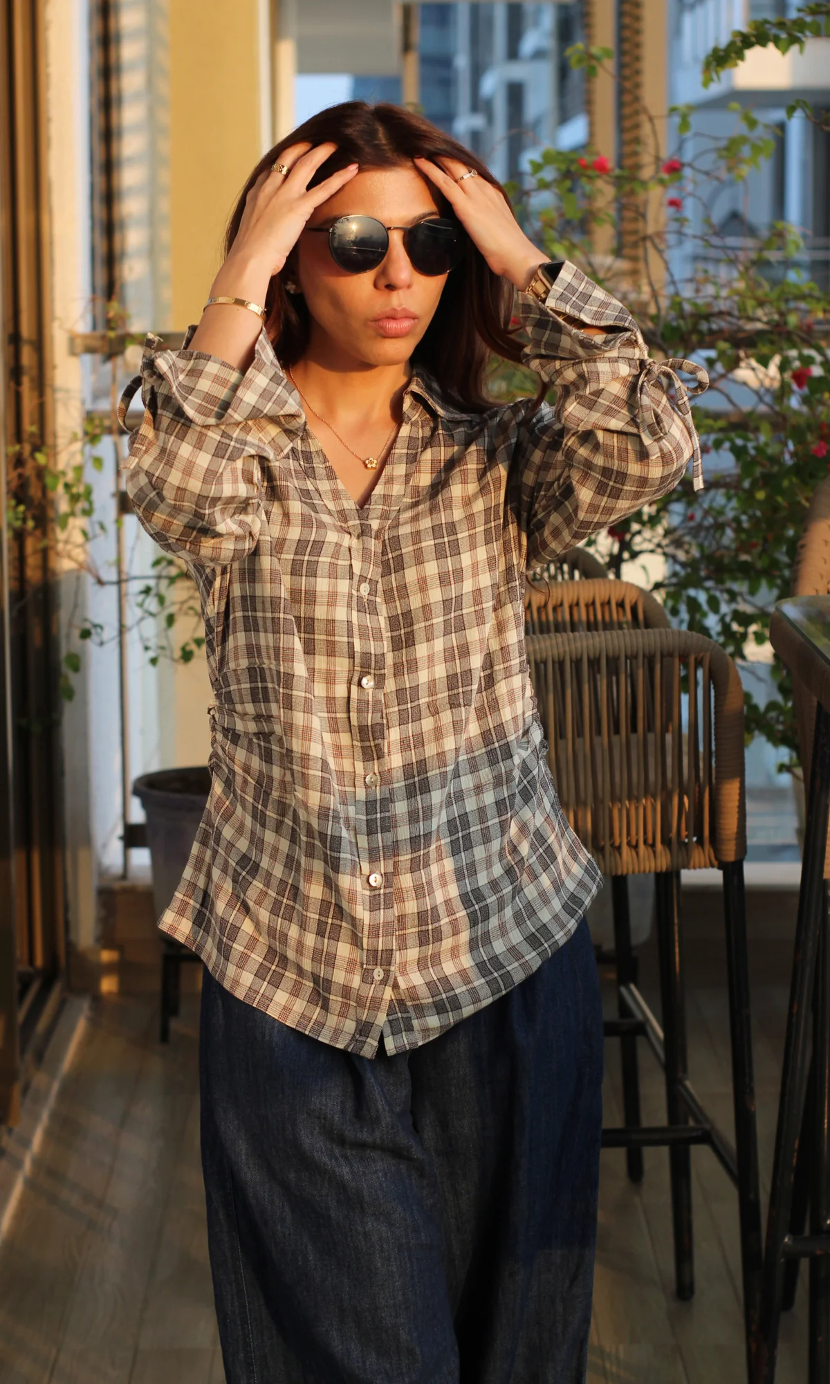 Brown-Cream Check String Detail Cotton Shirt - Image 3