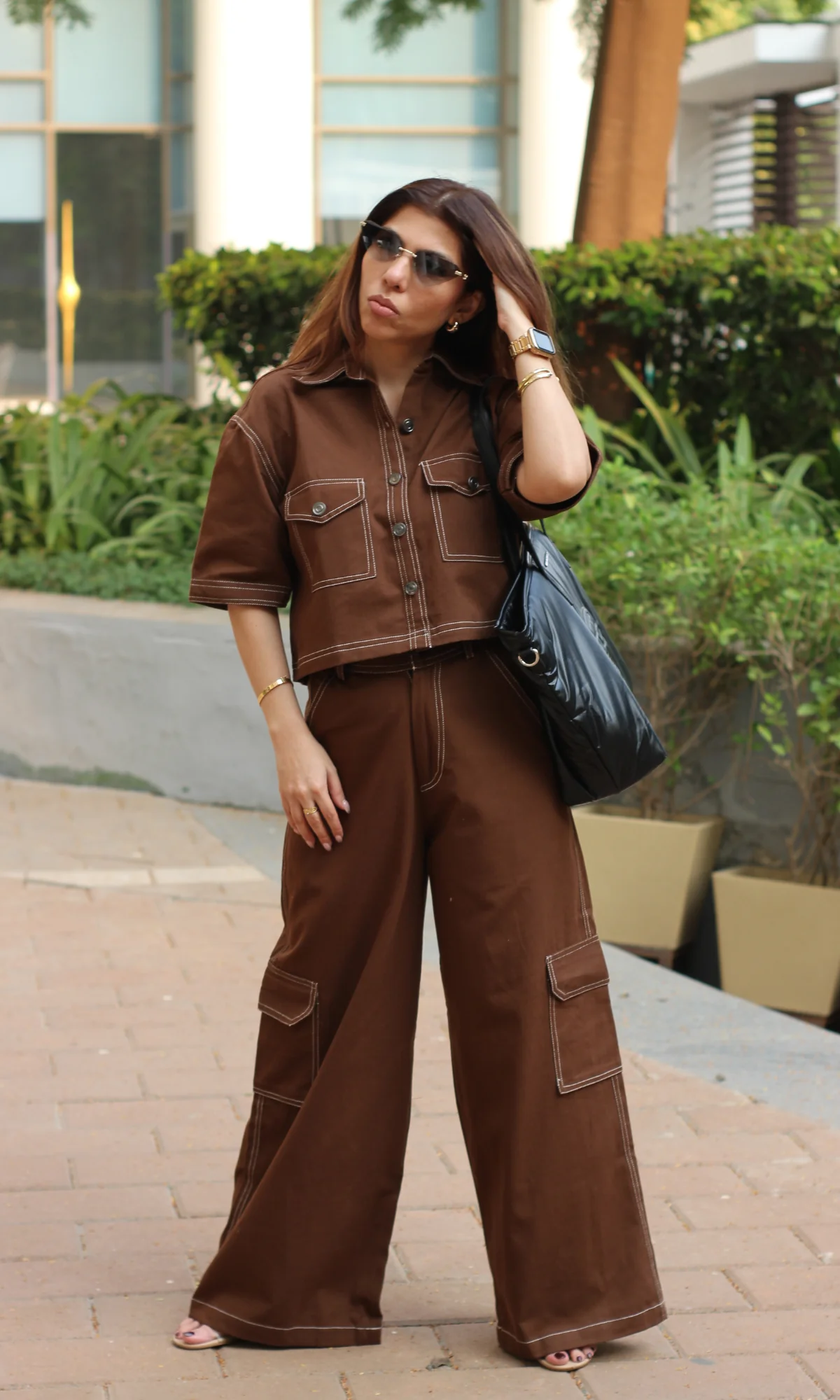 Brown Cropped Shirt with Cargo Pants - Image 6