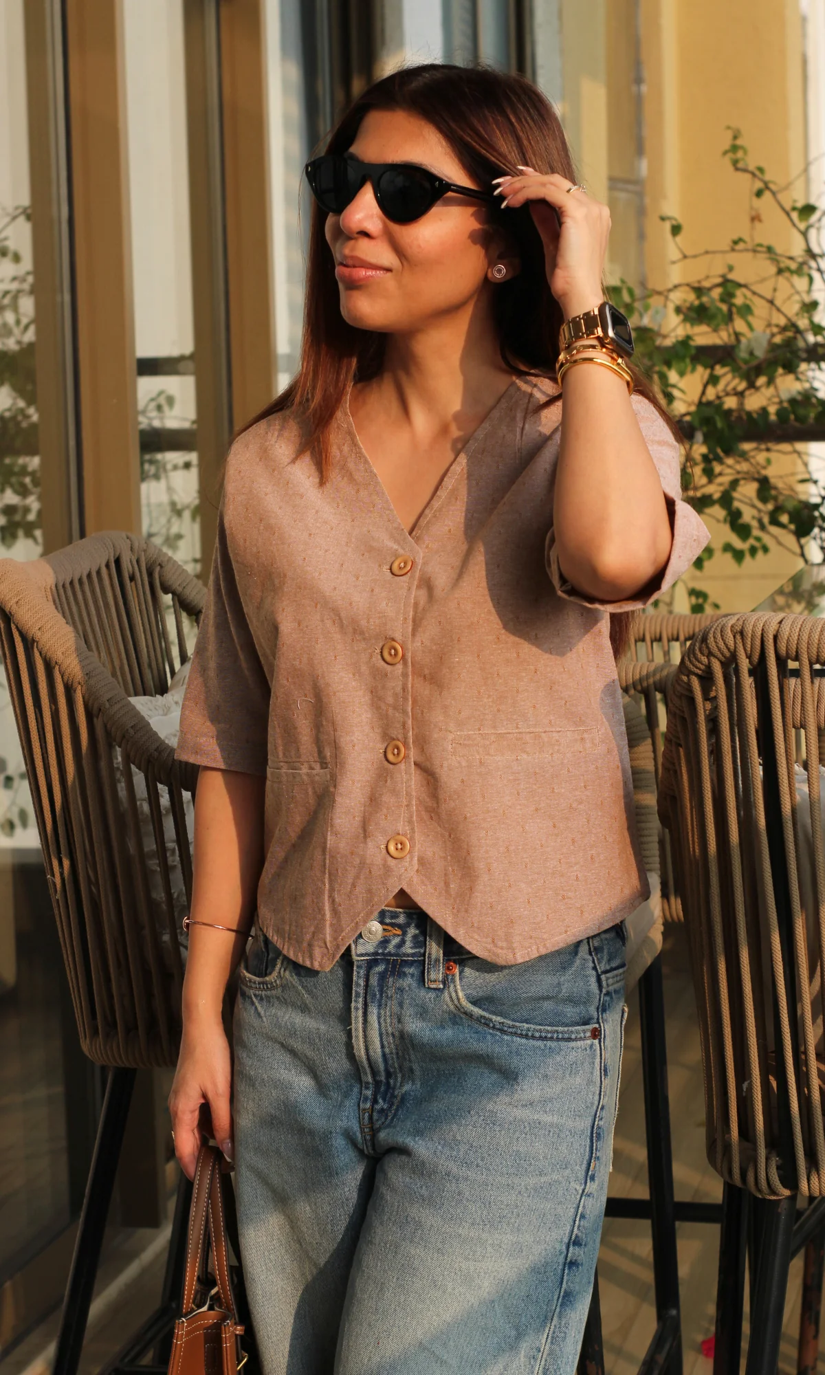 Brown Dobby Sleeved Waist Coat