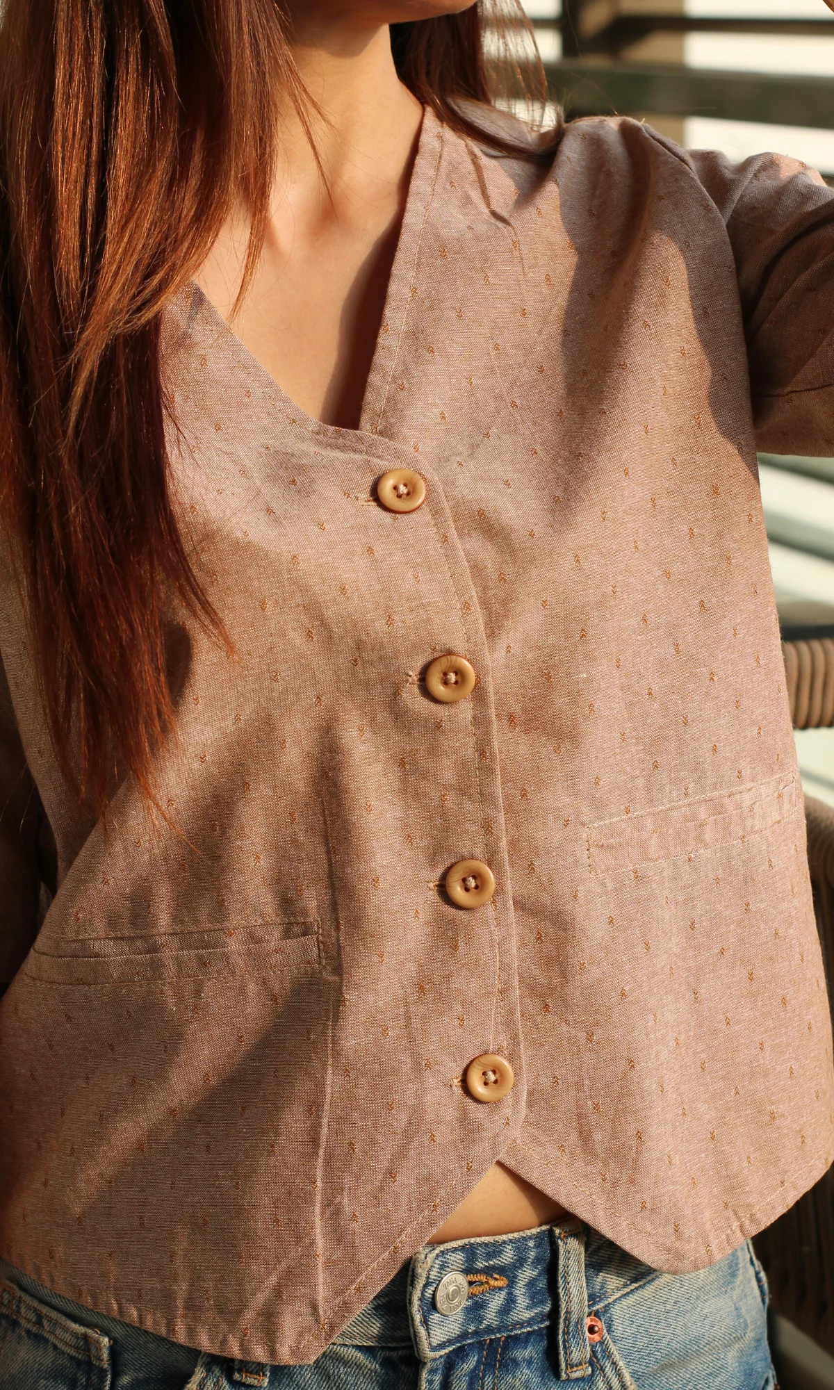 Brown Dobby Sleeved Waist Coat - Image 2