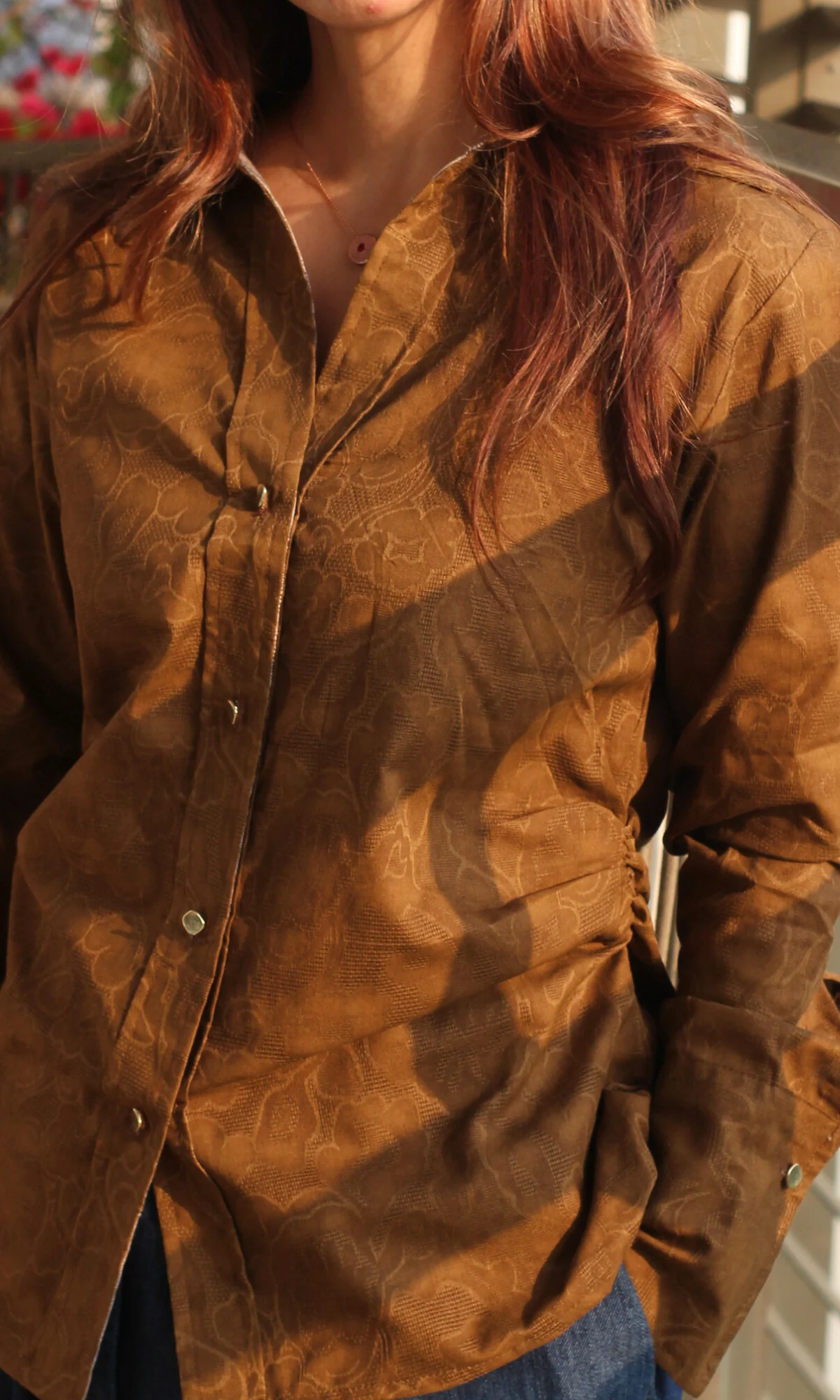 Brown Jacquard Side Cinch Shirt - Image 3