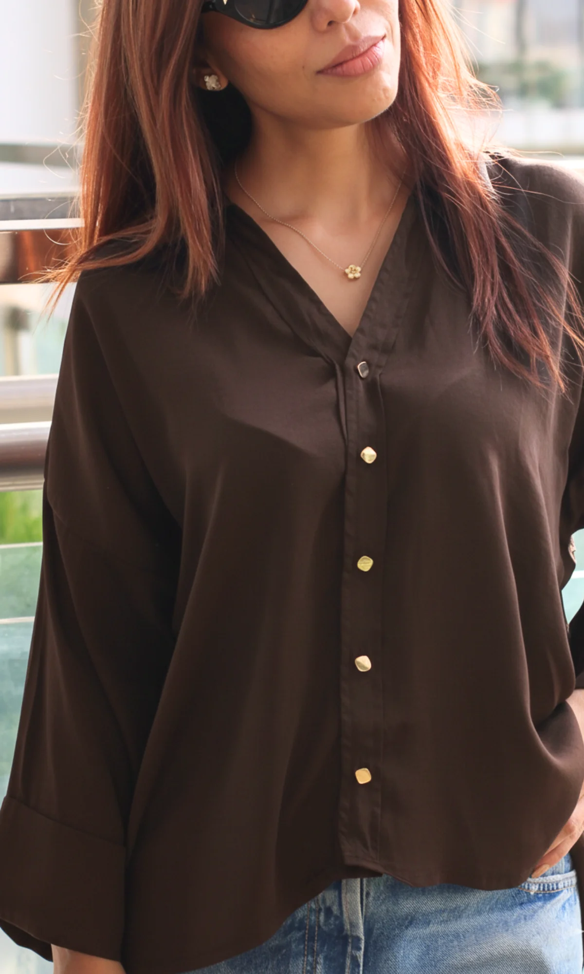 Brown Sleeved Metallic Buttoned Shirt - Image 3