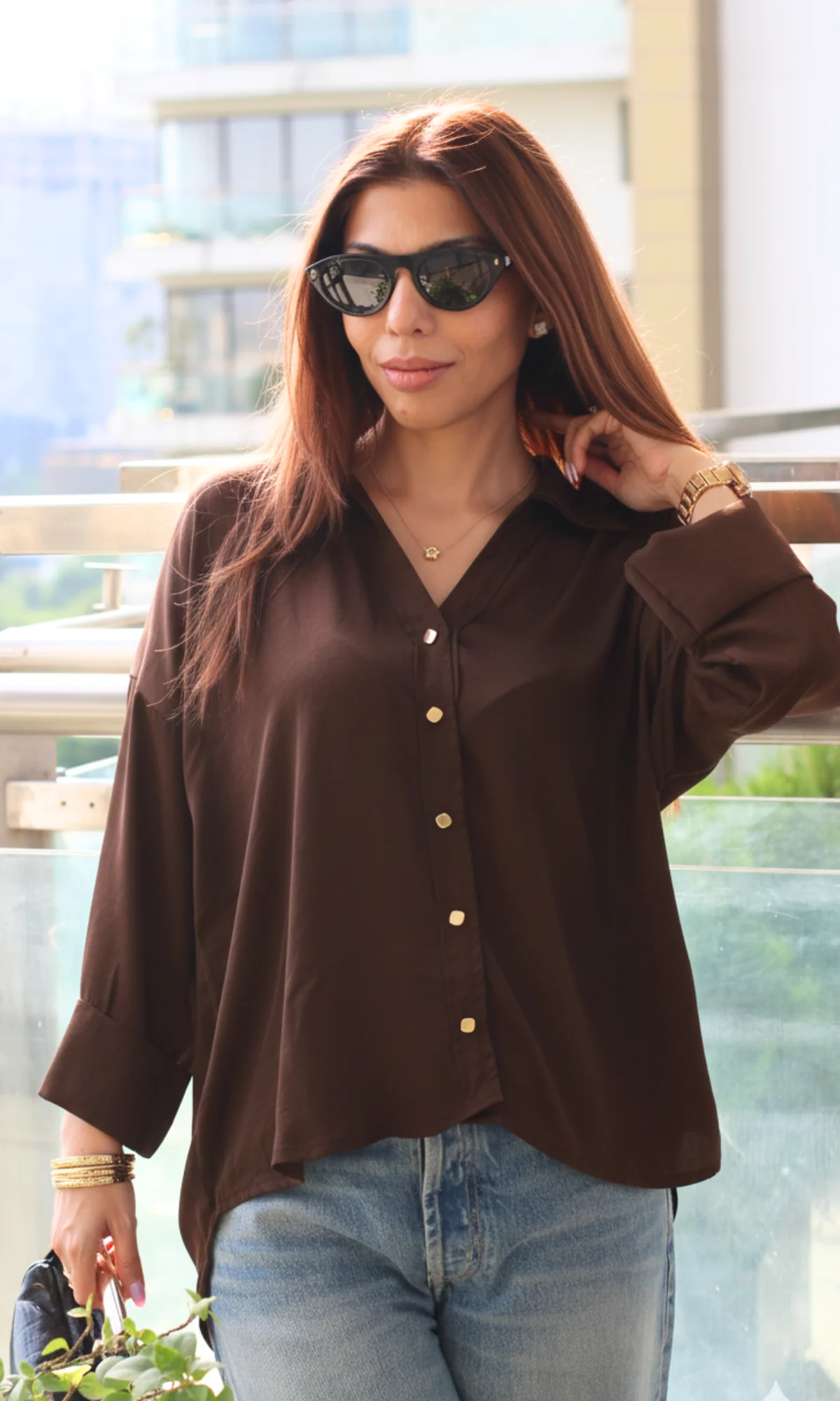 Brown Sleeved Metallic Buttoned Shirt - Image 4