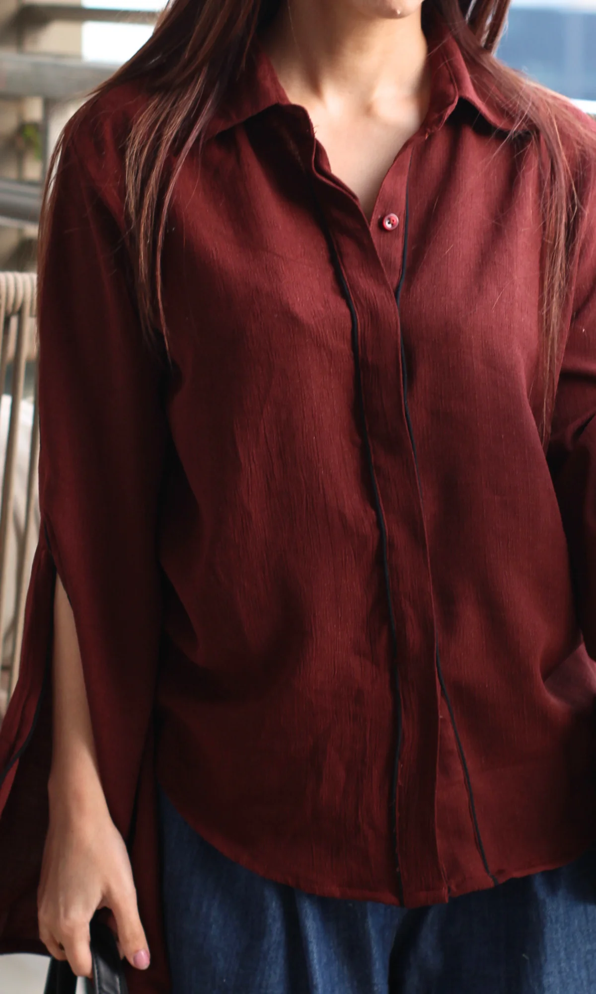 Brown Textured Slit Sleeve Shirt - Image 5