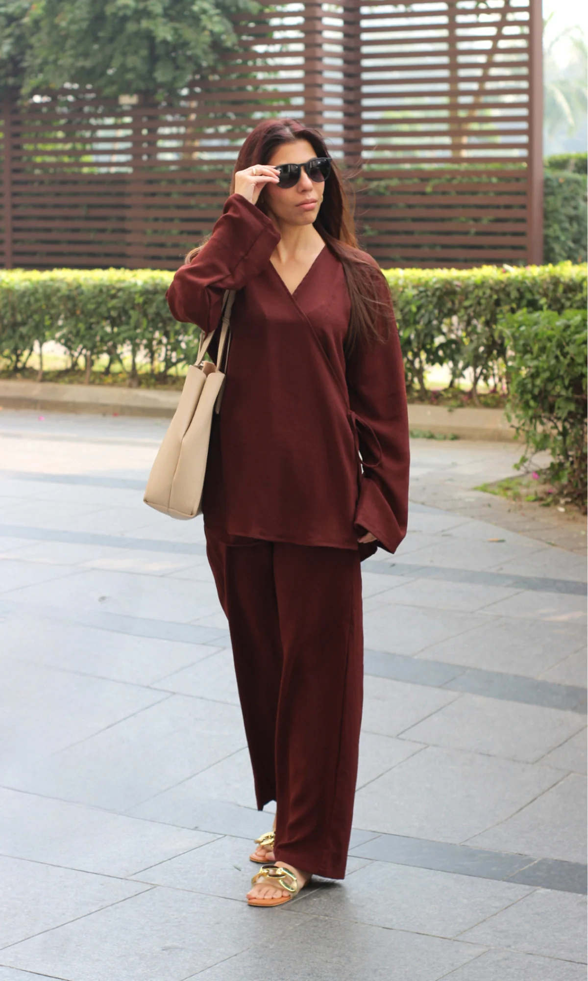 Brown Textured Tie Detail Kimono Top with Pants Co-ord - Image 3