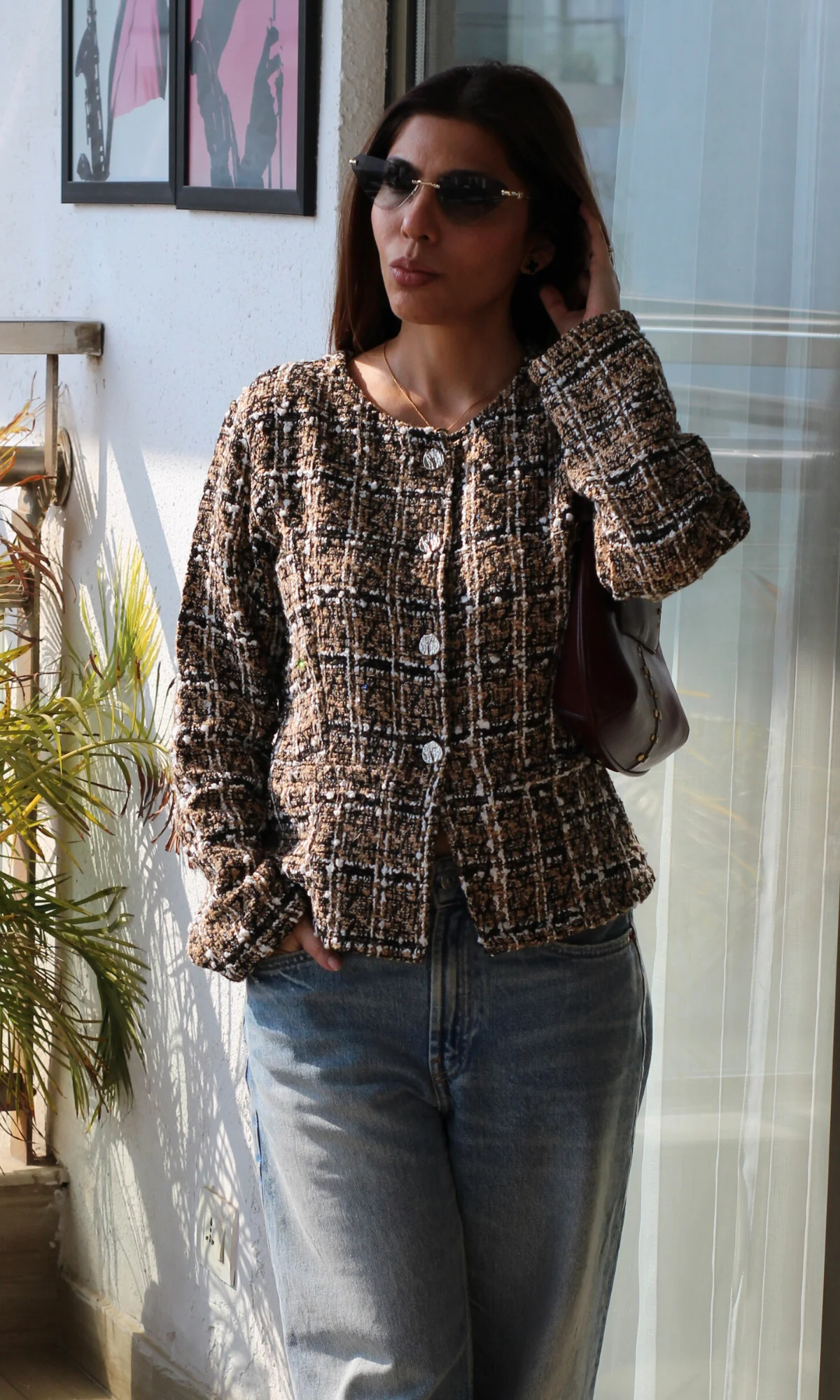 Brown Tweed Sleeved Metallic Buttoned Waist Coat - Image 2