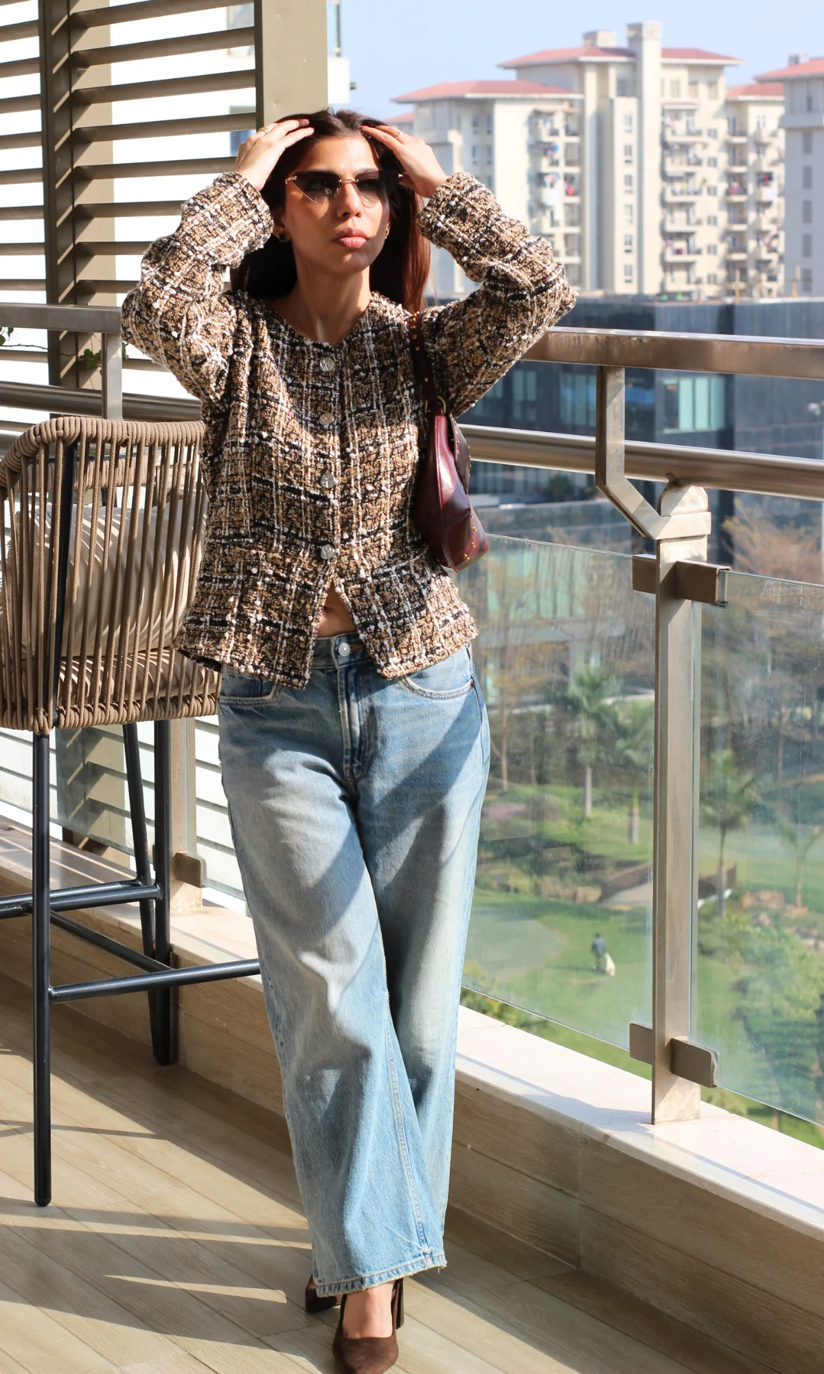 Brown Tweed Sleeved Metallic Buttoned Waist Coat - Image 3