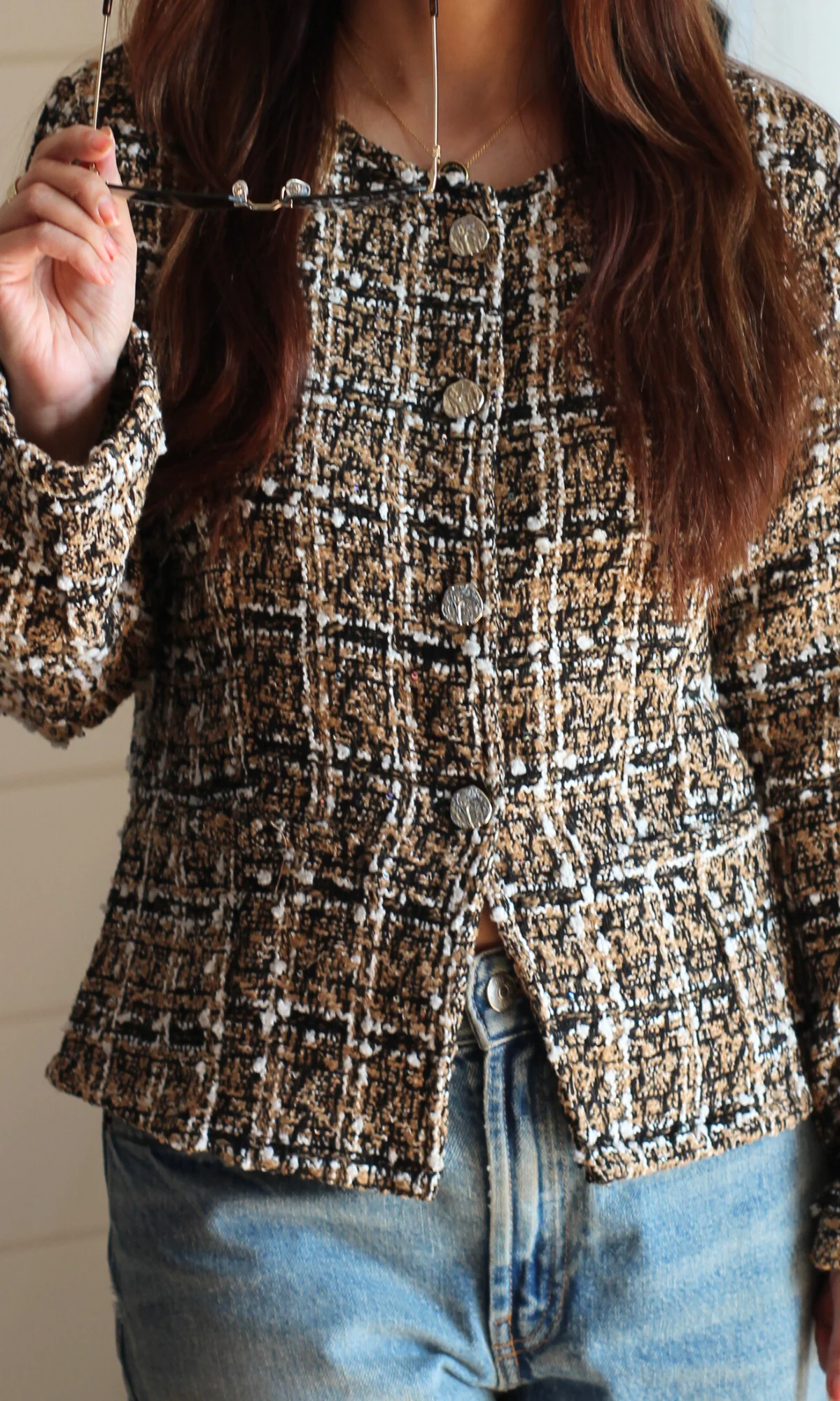 Brown Tweed Sleeved Metallic Buttoned Waist Coat - Image 4