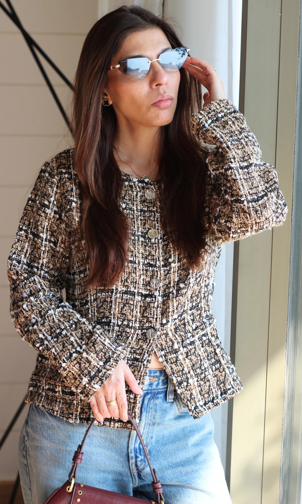 Brown Tweed Sleeved Metallic Buttoned Waist Coat - Image 5